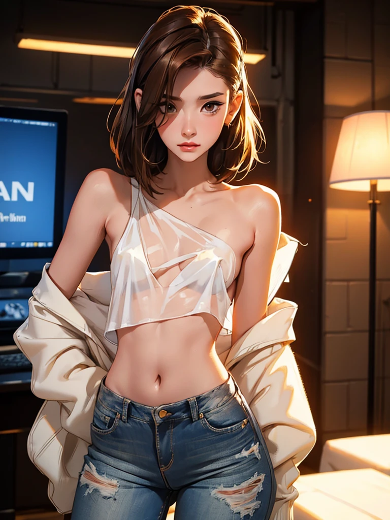 25-year-old Caucasian female、Wear off-the-shoulder tops、Lower milk visible、I can see my belly button、Wear a low-rise miniskirt、In the alleys of the old town、smile