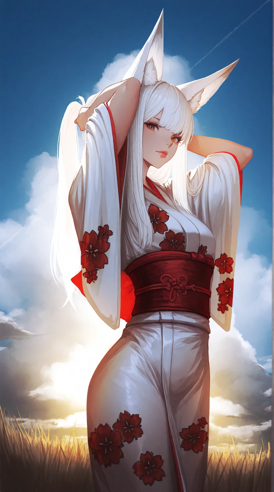 A beautifull girl with white hair and red eyes holding a thunder on the sky