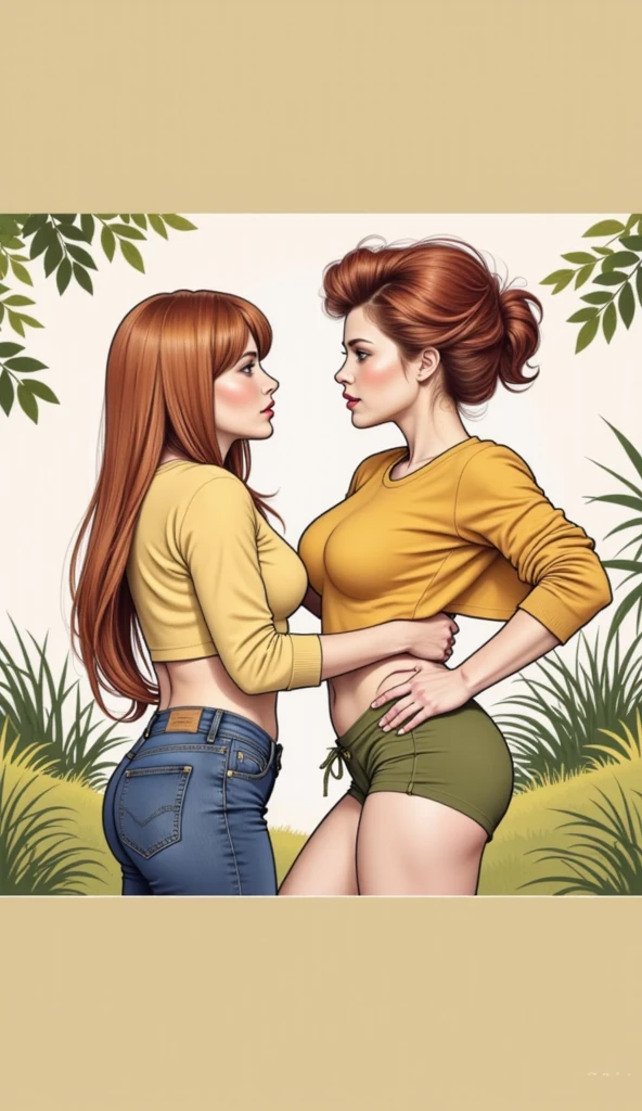 Two women, facing each other, defiant gazes, a shorter woman and a tall woman, one woman with a thin complexion and the other woman with a broad complexion, big breasts, nude, full body