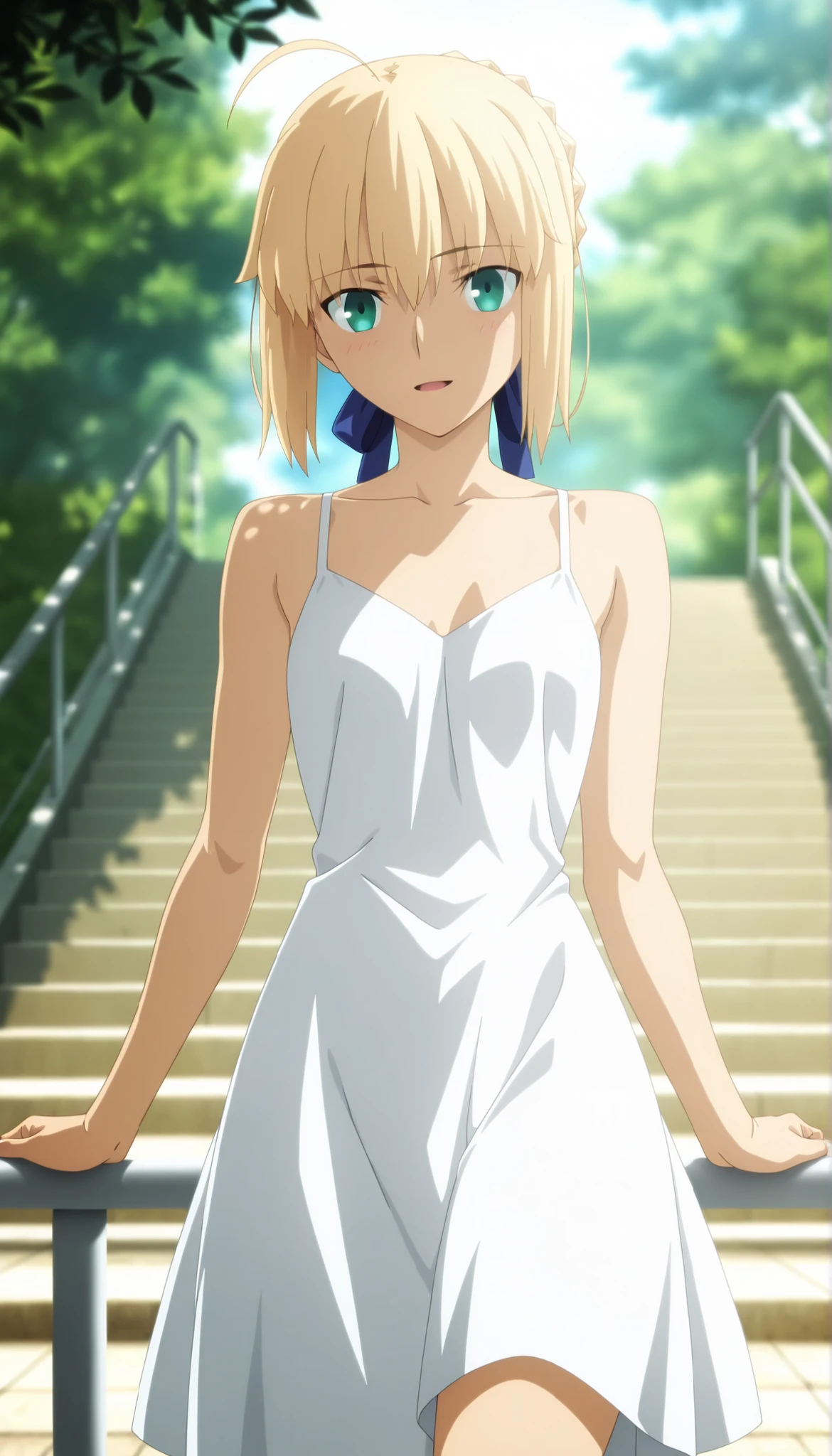 masterpiece, best quality, amazing quality, highres, absurdres, very aesthetic, high resolution, ultra detailed, perfect details, day, , outdoors, ufotable style, (dappled sunlight), backlight, (cowboy shot) ,
1girl, ufotable style, anime style, (anime coloring:1.5), (anime screencap:1.2) ,stairs, arm support on railing,
girl, slim body, slender body, ,Fate Grand Order, fate, Fate Grand Order, artoria pendragon (fate), saber (fate), blonde hair, green eyes, ahoge, hair ribbon, blue ribbon, french braid, braided bun, single hair bun, short hair, sidelocks,
(), white summer dress, (small breast), (looking at viewer), expressionless, embarrassed, light smile, light open mouth,