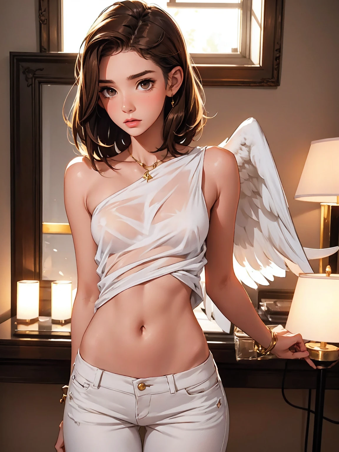 an angel girl,,
silver hair,silver armor,hides her nipples and vagina with her hands,silver platform boots, eyes with large brown irises, blunt bangs,small mouth, fresh lips,nose blush,in space,
,(Full Figure),(perfect anatomy),beautiful lighting, volumetric lighting, dynamic angle, looking at viewer, (photographic portrait), sharp,