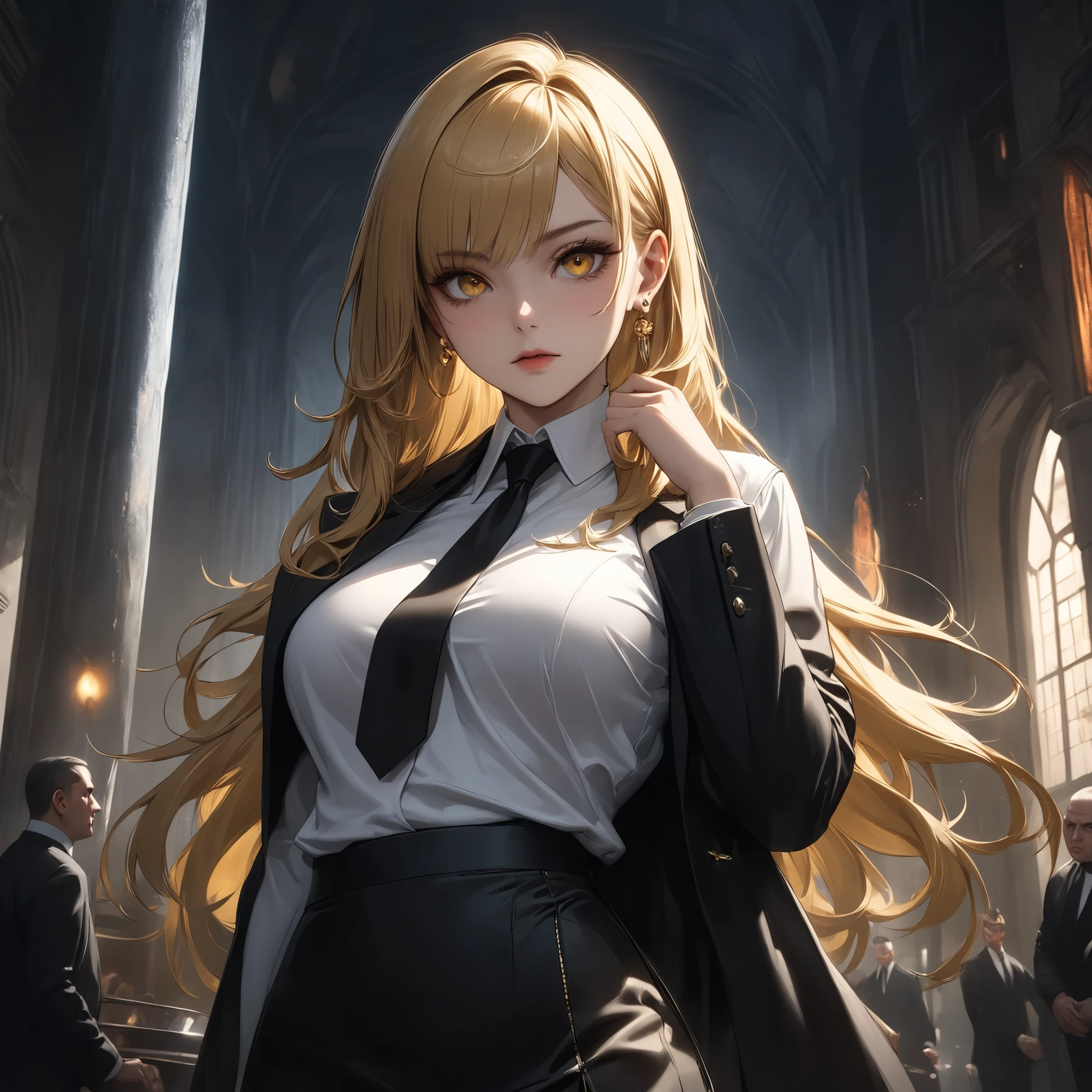 ((extreme quality)), ((Masterpiece)), ((Enrich the picture,Masterpiece level quality)), golden hair, curtainbangs, medium breasts, golden eyes, fierce woman, ultra eyes details, RAW 4K, Realistically , ((great effect to highlight the subject)) , ( cinematic lighting, moody, textile shading), perfect proportions, ultra detailed, volumetric lighting, soft lighting, glossy skin, beautiful face, Special face details, strong emotions, elegant gesture, Detailed facial features, Long eyelashes, contrast, Incredible atmosphere, Fascinating setting, Haunting beauty , black mini skirt, sexy white shirt , mafia suit , necktie , mini black skirt , ear rings, steet fashion , mafia boss,