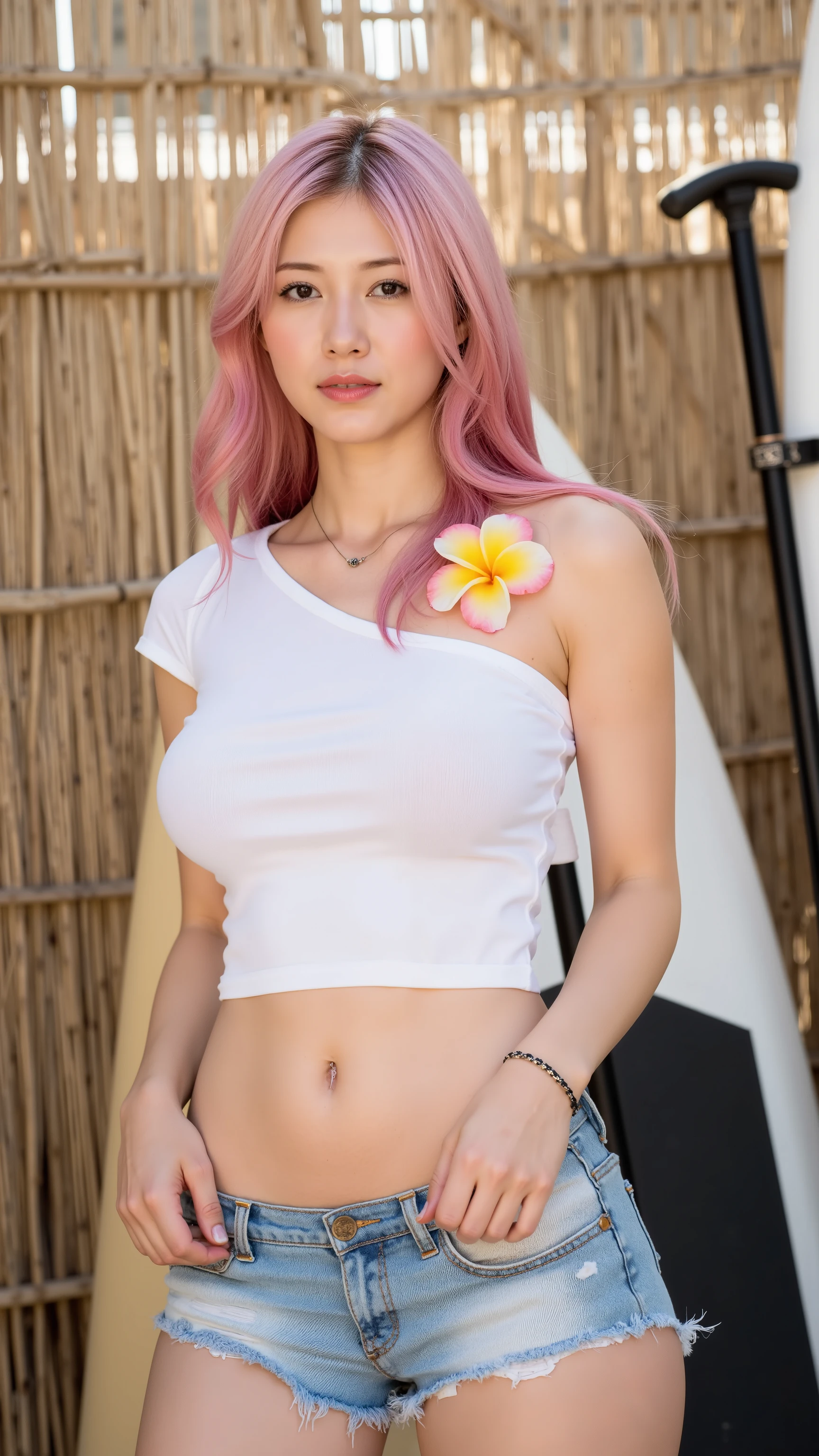 A stunning Russian young woman with long, (seductive smile), straight pink hair mixed with white hair.((Cowboy shot)) ,(ensual:1.4),((slender,skinny,slim body)),(large breasts:1.8), her gaze is soft and natural, creating a relaxing and warm atmosphere. The lighting is soft and natural , enhancing the serene and cozy vibe of the scene.(looking at viewer:1.4)(full-size photograph)(8K ultra-HD)(Hyper-realistic), standing poses confidently in front of a bamboo fence with stand-up paddleboards. She wears a white, sheer, cropped top over a light blue bikini top. Her light skin, flat stomach with a navel piercing, and light-wash denim shorts create a casual, beachside vibe. She accessorizes with a delicate necklace, bracelet, and a plumeria flower pinned to her top. The atmosphere is sunny and playful, with soft, flattering lighting that highlights her curves. The paddleboards in the background hint at a summery, active lifestyle.