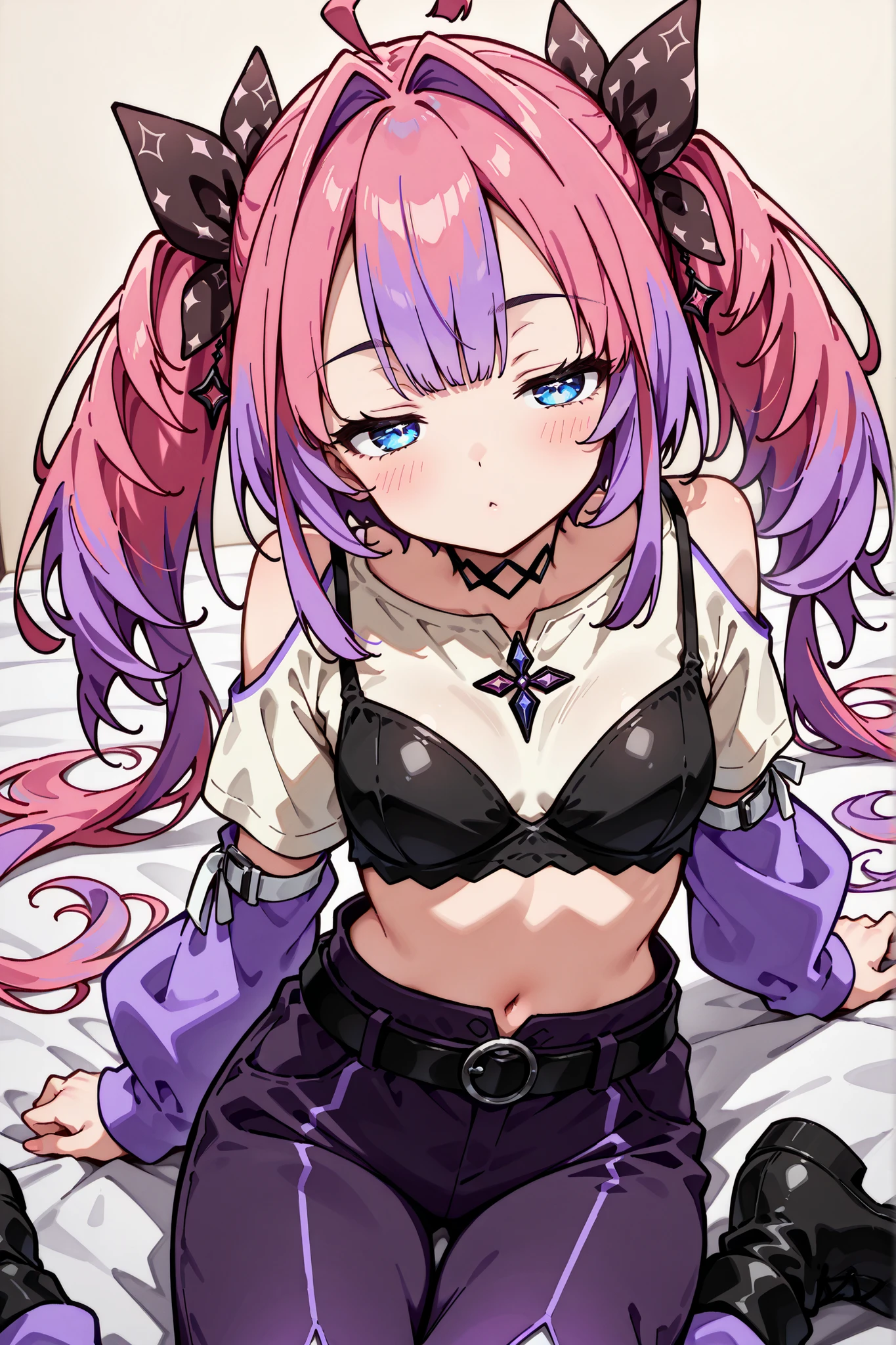 {Highest quality}, {so beautiful}, {Very detailed,beautiful face:1.4}, {Best illustrations},kikirara vivi, 1girl, solo, pink hair, purple hair, multicolored hair, long hair, twintails, black bow, hair intakes, ahoge, blue eyes, white shirt, black bra, bra over clothes, purple sleeves, purple pants, boots, navel, black shorts, black belt、生足、(half closed eyes),(興奮する、汗、荒い息:1.4)、Bed, lie down,