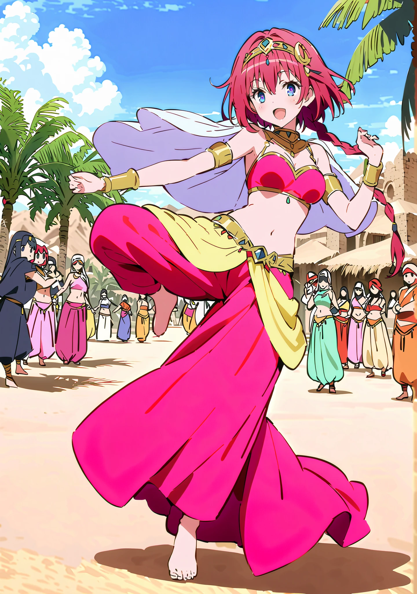 score_9, score_8_up, score_7_up, source_anime, Kurosaki's thing , stupid hair, blue eyes, Single long braid, Hair Intake, hair ornament,red hair,smile,cover,opens her mouth,Medium breast, Harem outfit, White Veil, Arabian clothing, collar , Mousebale, circlet , harem pants, bare feet,gold trim, dancer ,Palm Tree,Dancing,standing,full bodyがillustrationsに入るように,break outdoors, desert,オアシス
break looking at viewer,full body,
break (masterpiece:1.2), Best Quality, high resolution, Unity 8k 壁紙, (illustrations:0.8), (beautiful detailed eyes:1.6), very detailed face, so that it fits into the illustration, Extremely Detailed CG, (perfect hand, perfect anatomy),
