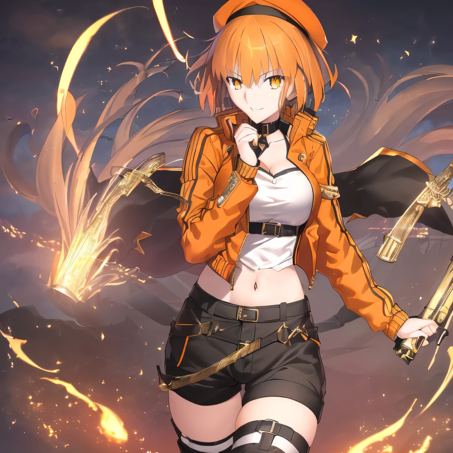 (Best Quality、In 8K、32K、masterpiece、、ultra high resolution、Impressionism、realistic:1.harp concentration、 beautiful画像, beautiful美学, ,(!!beautiful!!)、 sharp pupils、realistic student、beautiful顔、18 year old beautiful girl、 Shiny Skin、official style, game cg, anis (nikke), goddess of victory: nikke, very aesthetic, best quality, intricate, overall detail,1girl,solo,yellow eyes,cross-eyed,short_hair, brown_hair, hair_ornament, black beret,large_breasts,(orange colored jacket:1.5), open jacket, cleavage,midriff,black short shorts,black thighhighs, thigh strap,knee pads, boots,best quality, ultra-detailed,standing, simple background, looking at viewer, straight-on, close to viewer,five finger, full body, face focus, intricate, hyper-detailed, 100-layer, amazing quality, excellent, {{{{ultra-high resolution}}}}, {{{hi-vision anime}}},