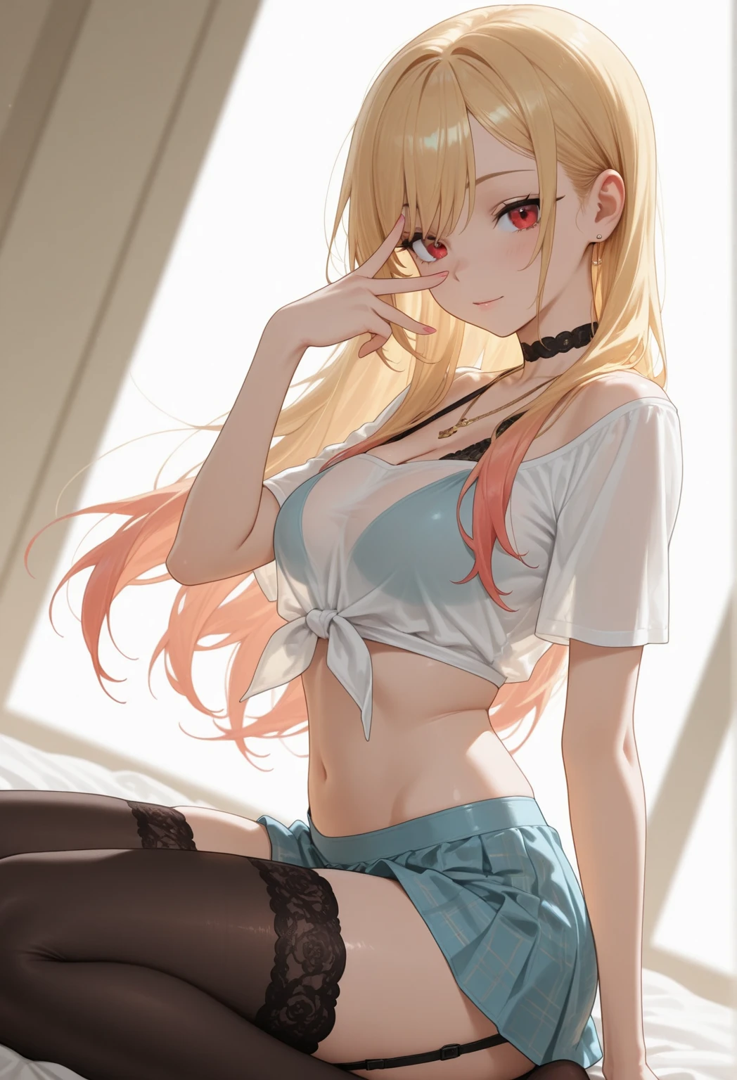 Young children,, camisole, crop top, denim micro shorts, highleg panties, lingerie, stockings,Gal,Obscene lines,Sexy tattoo,