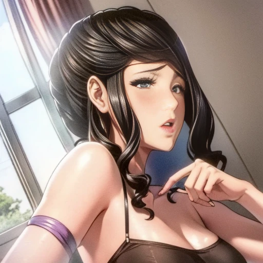 A low-angle shot captures the seductive gaze of a 35-year-old Japanese evil MILF, her dark lips glistening with a sly allure. Her beauty is twisted into a wicked grin as she gazes at her smartphone screen, revealing the news of her husband's demise. Framed by a luxurious backdrop, her wicked wife persona oozes greed and malice, reflecting her calculating nature.