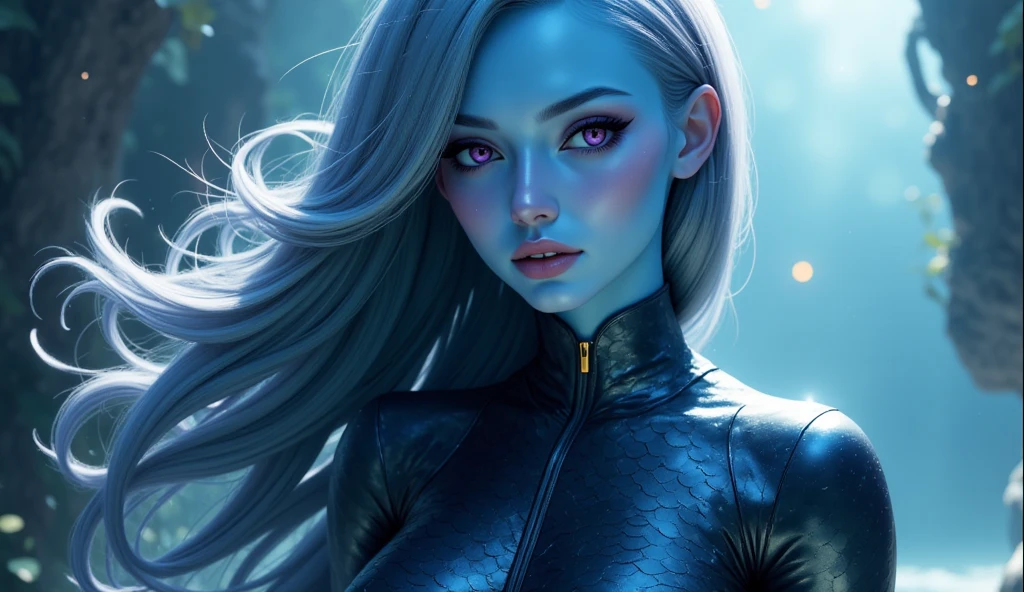 a portrait of a girl with freckles and bright striking blue eyes posing for a photo,full body, bare shoulders, muscular, fit, defined abs, thongs, (prominent cameltoe) white freckles, long flowing green hair flying, glowing radiance, beautiful pale makeup, color portrait, stunning portrait, elegant freckles, wearing black thongs with glowing runes of power, black gloves, star-shine, gold dust spread across her skin and her face, (dark, hyper-realistic photos (((portrait))) refraction ,Dark background of magical night forest, deep woods, towering ruins, starlight skies