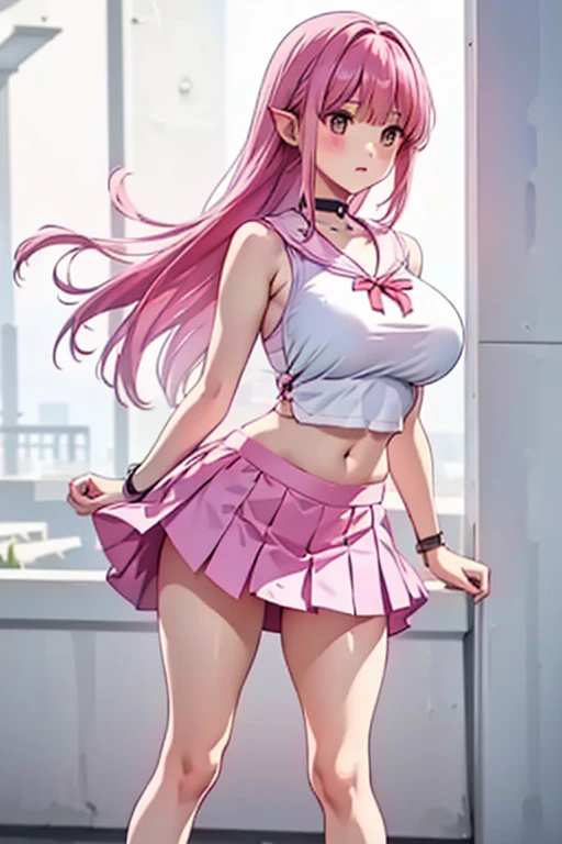 masterpiece、Soft Focus , Bright gradient watercolor、Tabletop, High resolution, 8k, Anime Women, Delicate and detailed writing 、Detailed digital illustration、High resolution, high quality、Detailed Background、Close-up photo、Long Hair、Shiny Hair、Bright golden hair、bangs、Very beautiful woman、Idol、Double Eyes、(Large Breasts:1.4)、Detailed female face、(Hand holding microphone:1.3)、Sing into the microphone、(Idol衣装)、 Short skirt、Pink Ribbon、Pink rose hair accessory、Pink and white outfit、No bra