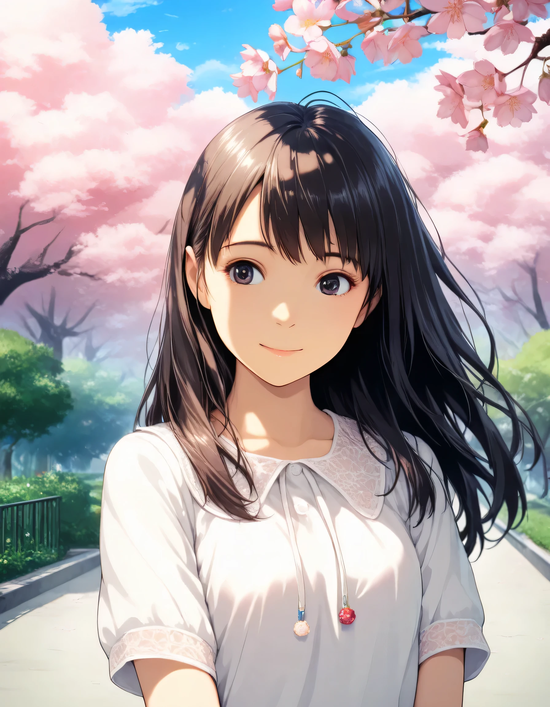 1girl, year 2016, studio ghibli, upper body, green park, cherry blossom tree, casual clothes, masterpiece, high score, great score, absurdres, 16k, super detail