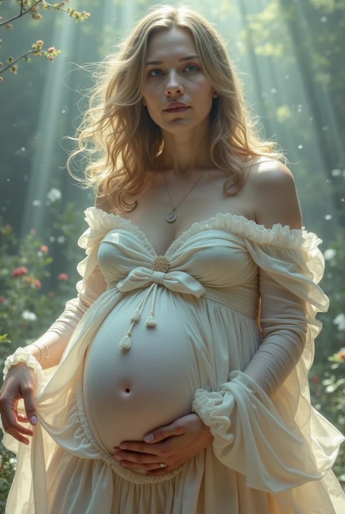 pregnant Woman with reproductive organ , ref flower right and left both side , black background ,log dress .