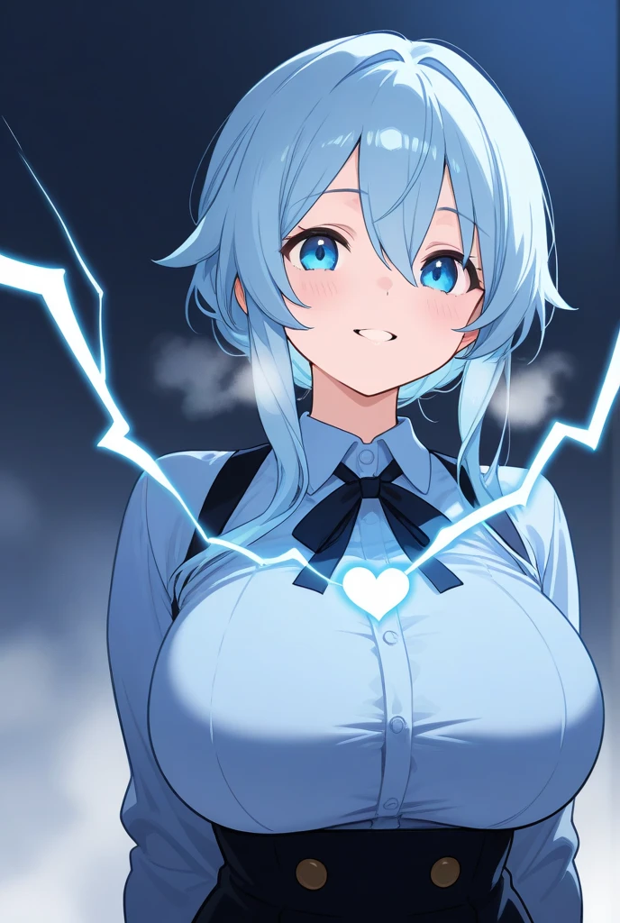 (Five Fingers, Four fingers and thumb), Professional Lighting, Highest quality, Tabletop, 超detailed, ((masterpiece)),(Highest quality),(detailed),(One girl), Blue Hair, Glowing blue eyes, Updo, White shirt, Black Skirt, Looking down at the viewer, (((front open shirt))) perfect nipple,nsfw