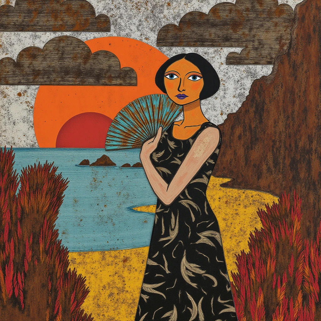  Klee, Kadinsky, Georgia O’Keefe, Catrin Welz-Stein,  mix style. Smudges of ink and water mixed with messy oil brushstrokes draw a whimsical patchwork collage-style dreamlike scene by hand on rusted iron sheets and rags. An orange sun rises behind the stylized figure of a woman.  She wears a dress with intricate patterns of stylized dolphins. She has large, clear, gentle eyes and holds a rusty turquoise fan that covers part of her face. She stands under a sky of wood-textured clouds with jostled paint, a deep beach, tuff arches, ochre and red grass, and marsh reeds. charcoal drawing refined abstract expressionism grain, dots, scratches charred boards covered with soot double exposure scruffy red orange turquoise
