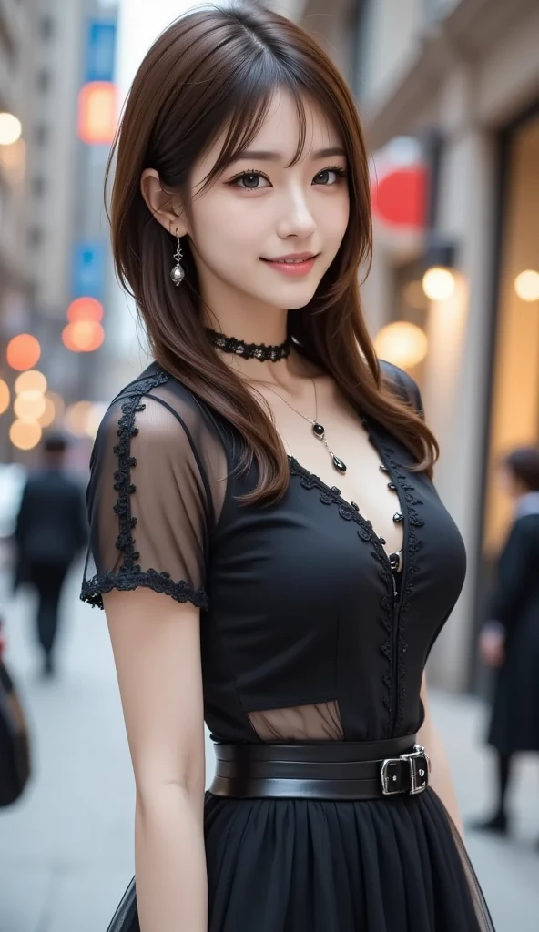 ((top-quality、masutepiece、hight resolution))、(Zoom photo from the front:1.95、Pose inviting a man、On the street at night、semi long hair、A dark-haired、Small cleavage、Cute smile:1.45)、1 maid、kawaii faces、Black tights、(((black maid outfit)))