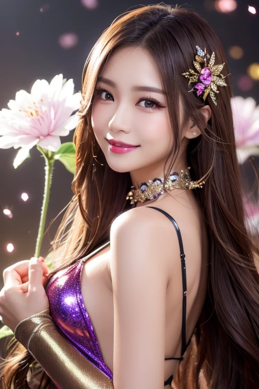 sexy Thai model who controls poison、beautiful smile、lip-gloss、bold lipstick、intense makeup、look at the camera、full body Esbian、、sparkling poisoned flower costume、、、、sparkling Colorful hair、secrete poison、skull hair accessories、sexy tights、shiny sparkling flowers background