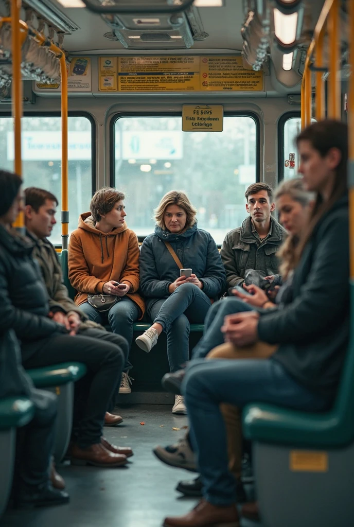 Ein Bus voller gut gelaunter junger Menschen, es ist warm, the clothes are chosen for hot summer days. Das Bild soll eine Aufnahme aus dem Mittelgang von vorne bis nach hinten zeigen.