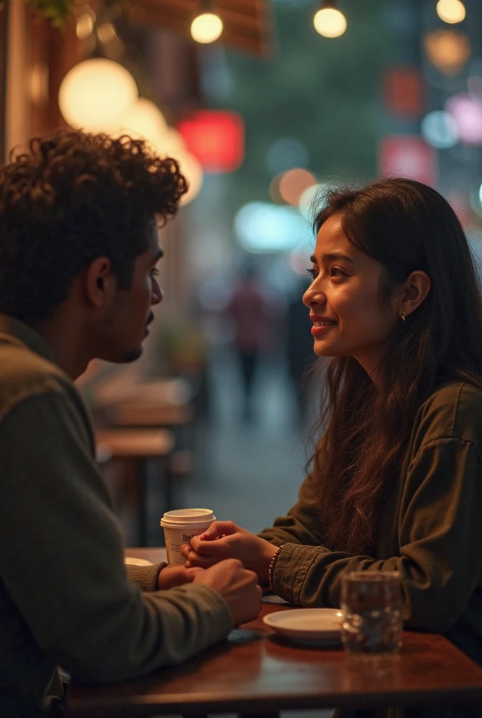 A 20 years old  young indian boy with medium long hair wearing denim jacket and seating with his 20 years old young girlfriend with long hair who's wearing blue jacket and both are seating in starbucks coffee shop.