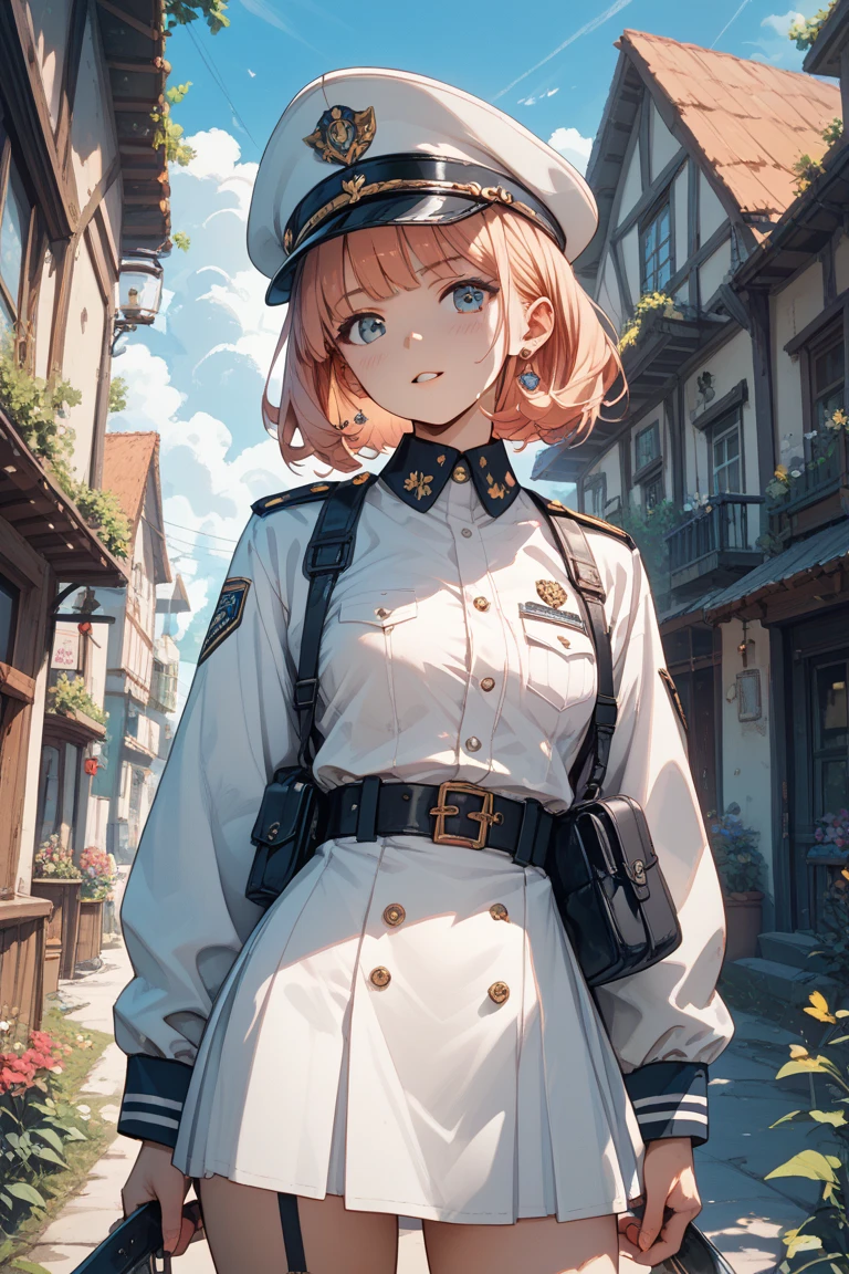 Photo, femele(22) Conductor working on a station platform, Cute, Smile, There are colored contacts in her eyes, Hose Accessories, Full body, Walking , in autumn