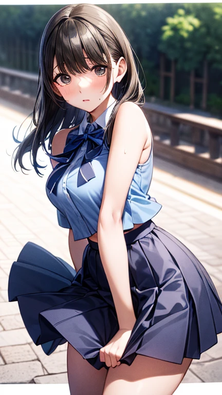 A girl in a garden,feeling the summer sunshine,with black hair,ponytail and wearing a miniskirt,standing with her legs apart,leaning forward,placing both hands on a hydrant. (best quality,4k,8k,highres,masterpiece:1.2),ultra-detailed,(realistic,photorealistic,photo-realistic:1.37),illustration,beautiful detailed eyes,beautiful detailed lips,extremely detailed eyes and face,long eyelashes, cheerful expression, vibrant colors,soft sunlight,Open-chested clothing