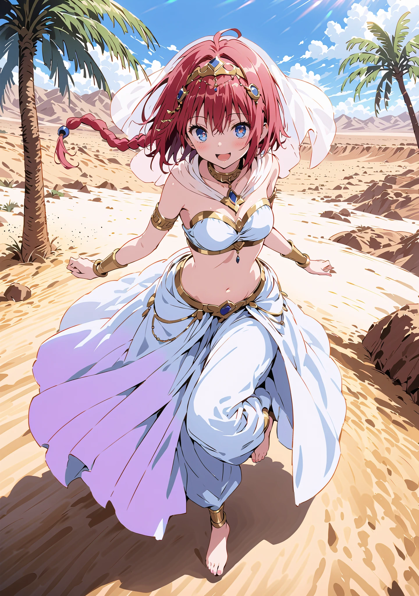 score_9, score_8_up, score_7_up, source_anime, Kurosaki's thing , stupid hair, blue eyes, Single long braid, Hair Intake, hair ornament,red hair,smile,cover,opens her mouth,Medium breast, Harem outfit, White Veil, Arabian clothing, collar , Mousebale, circlet , harem pants, bare feet,gold trim, dancer ,Palm Tree,Dancing,standing,full bodyがillustrationsに入るように,break outdoors, desert,オアシス
break looking at viewer,full body,
break (masterpiece:1.2), Best Quality, high resolution, Unity 8k 壁紙, (illustrations:0.8), (beautiful detailed eyes:1.6), very detailed face, so that it fits into the illustration, Extremely Detailed CG, (perfect hand, perfect anatomy),