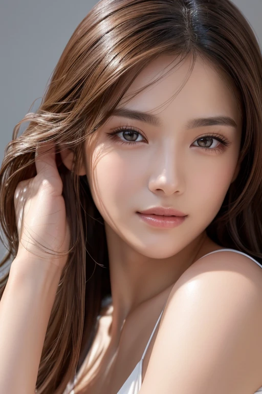 (((32k,high details,high detail、masterpiece,attention to detail,alone))),Raw photo & realistic atmosphere,beautiful dark blue eyes,detailed mouth,glossy lips,thin eyebrows,fine eyes、Soft white skin that shines in every detail、sheの深い黒色の目はとても美しいです,lip details、very beautiful face,very well-shaped face、lifelike face,shining beautiful lips,beautiful eyebrows,infinite reality, Realistic 若手idol sculpture,she'she'she'she'she'she'she'she's a very cute woman , idol sculpture, 若手idol sculpture, とても美しくてかわいい21-year-old beauty,incredibly beautiful and classy,21-year-old beauty,natural soft light,(shiny hair,,Beautiful and kind eyes:1.5),gentle smile,well-shaped chest,long hair,tie hair,beautiful posture,no makeup,think ahead,