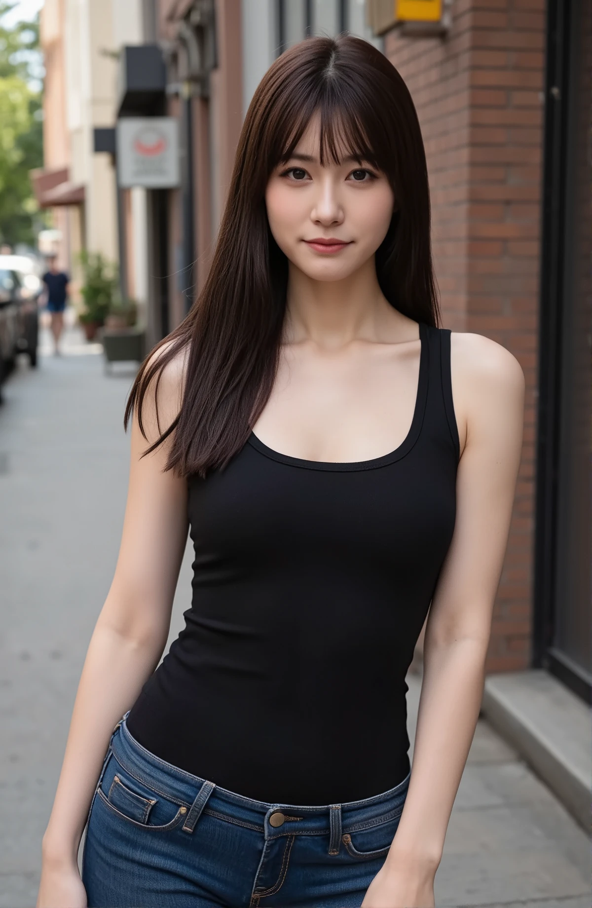(mature adult woman wearing a leotard1By people),beautiful black hair,super straight hair,With bangs,((Fluttering Hair)), realistic person images in dark waters,Realism,Best Quality,mastepeice,Best Quality,best image quality,highest resolution,fine details,Beautiful detailed face,black eyes,((realistic skin)),detailed background,( Exact Upper Body),(perfect upper body),(((upper body))),((Realismのある肌)),(smiles),(((super big ))),(((((Wear jeans))))),(((((wear a tank top))))),(((standing))),(((((Large breasts)))),((((Wear)))),((((In a dark alley)))),