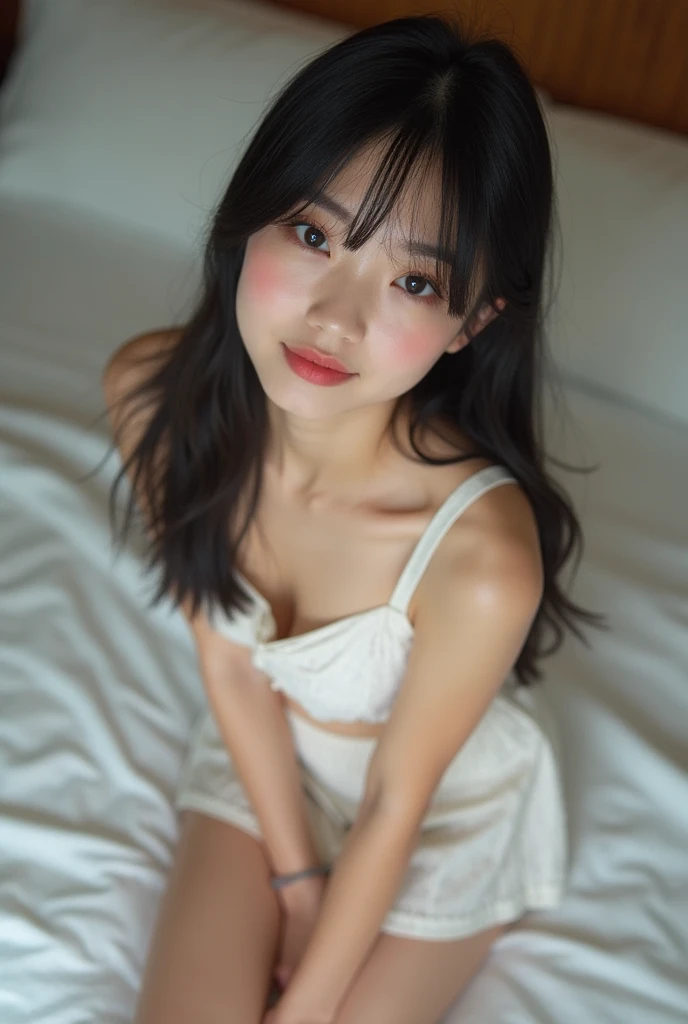 apron,(open mouth:1.5),(tongue out:2),lying,finger to chin,overhead shot,front view,face focus,(1girl,Beautiful 14 year old girl,teenager),((Slender,Small breasts,Small face,)),(looking at viewer),Black Hair,bangs,one side up,Beautiful and detailed,(Dimly lit room:1.5),White bed,pillow,Mischievous smile