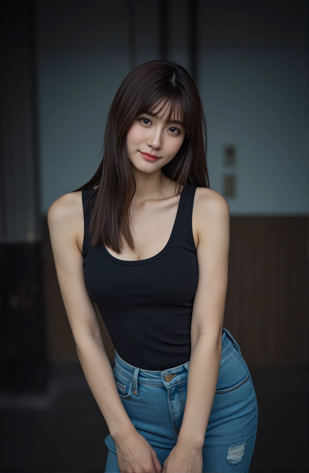 (mature adult woman wearing a leotard1By people),beautiful black hair,super straight hair,With bangs,((Fluttering Hair)), realistic person images in dark waters,Realism,Best Quality,mastepeice,Best Quality,best image quality,highest resolution,fine details,Beautiful detailed face,black eyes,((realistic skin)),detailed background,( Exact Upper Body),(perfect upper body),(((upper body))),((Realismのある肌)),(smiles),(((super big ))),(((((Wear jeans))))),(((((wear a tank top))))),(((standing))),(((((Large breasts)))),((((Wear)))),((((In a dark alley)))),
