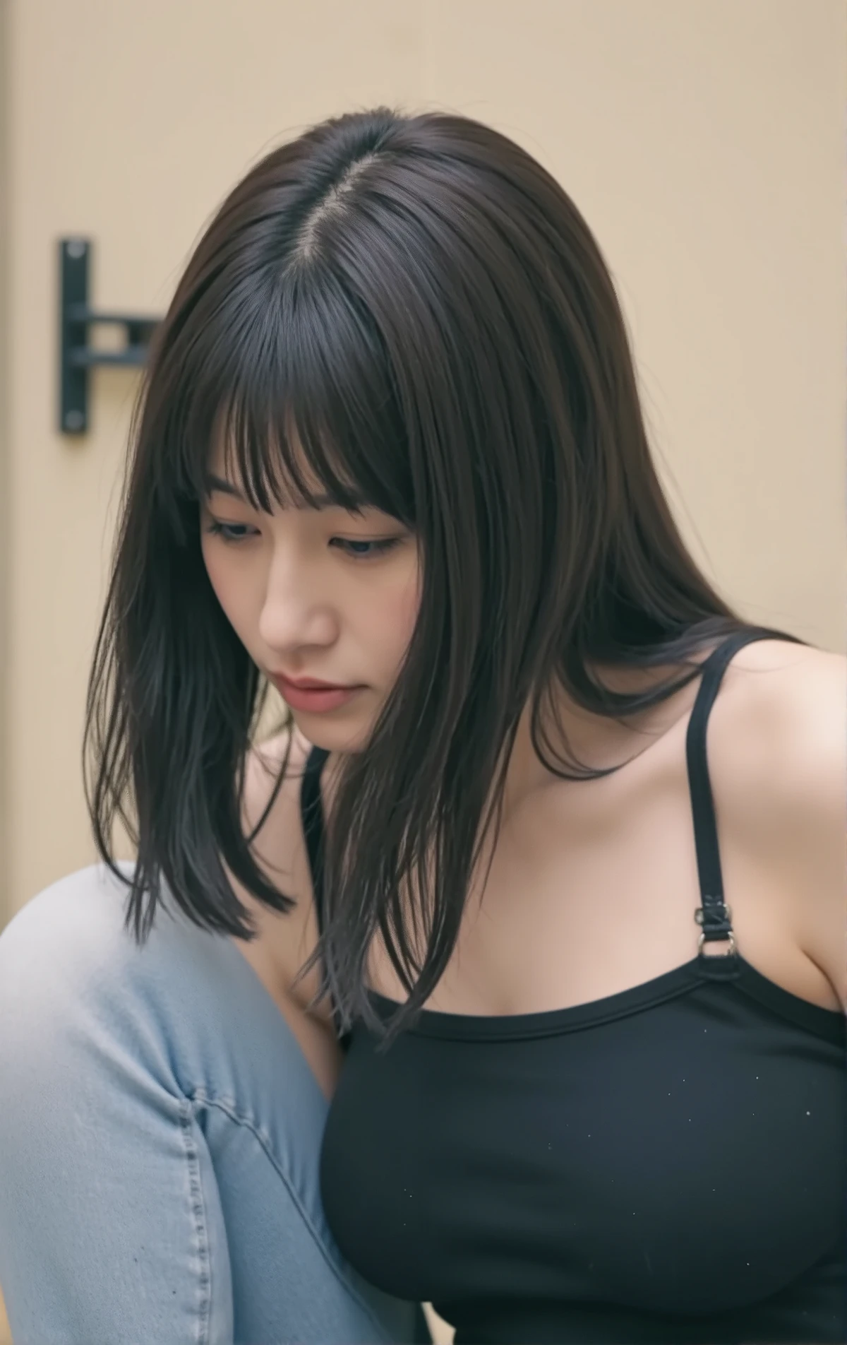 (mature adult woman wearing a leotard1By people),beautiful black hair,super straight hair,With bangs,((Fluttering Hair)), realistic person images in dark waters,Realism,Best Quality,mastepeice,Best Quality,best image quality,highest resolution,fine details,Beautiful detailed face,black eyes,((realistic skin)),detailed background,( Exact Upper Body),(perfect upper body),(((upper body))),((Realismのある肌)),(smiles),(((super big ))),(((((Wear jeans))))),(((((wear a tank top))))),(((standing))),(((((Large breasts)))),((((Wear)))),((((In a dark alley)))),