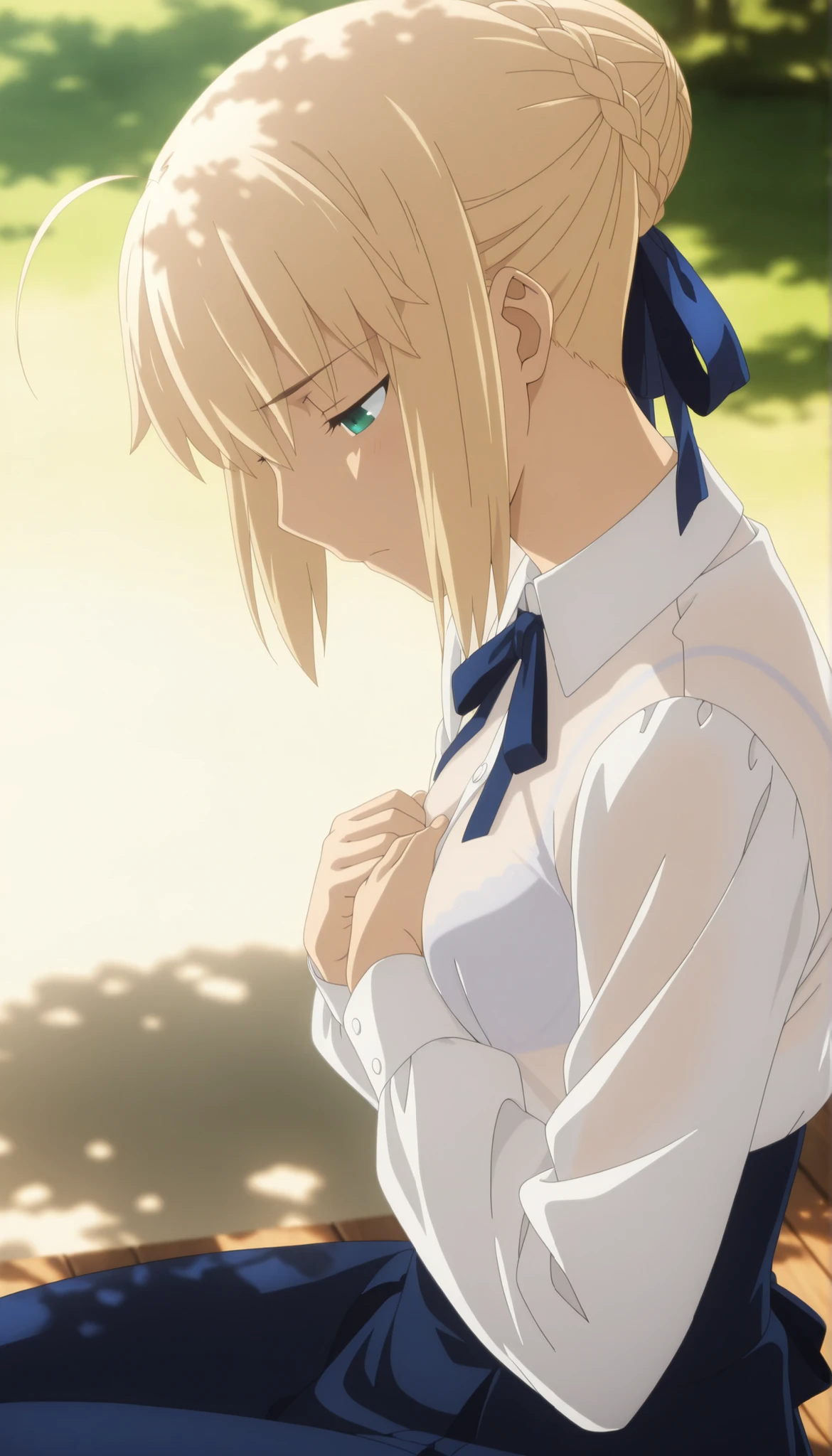 masterpiece, best quality, amazing quality, highres, absurdres, very aesthetic, high resolution, ultra detailed, perfect details, solo, day, , outdoors, ufotable style, (dappled sunlight), backlight, upper body, (from side, from above),
1girl, ufotable style, anime style, (anime coloring:1.5), (anime screencap:1.2) , (see-through), ((face down, turning one’s face away)), ,
girl, slim body, slender body, ,Fate Grand Order, fate, Fate Grand Order, artoria pendragon (fate), saber (fate), blonde hair, green eyes, ((half-closed eyes)), ahoge, hair ribbon, blue ribbon, french braid, braided bun, single hair bun, short hair, sidelocks, sitting, covering breasts, ,
(), neck ribbon, blue ribbon, white shirt, collared shirt, long sleeves, blue skirt, high-waist skirt, long skirt, black pantyhose, (bra), (small breast), (looking down), expressionless, (embarrassed), ,