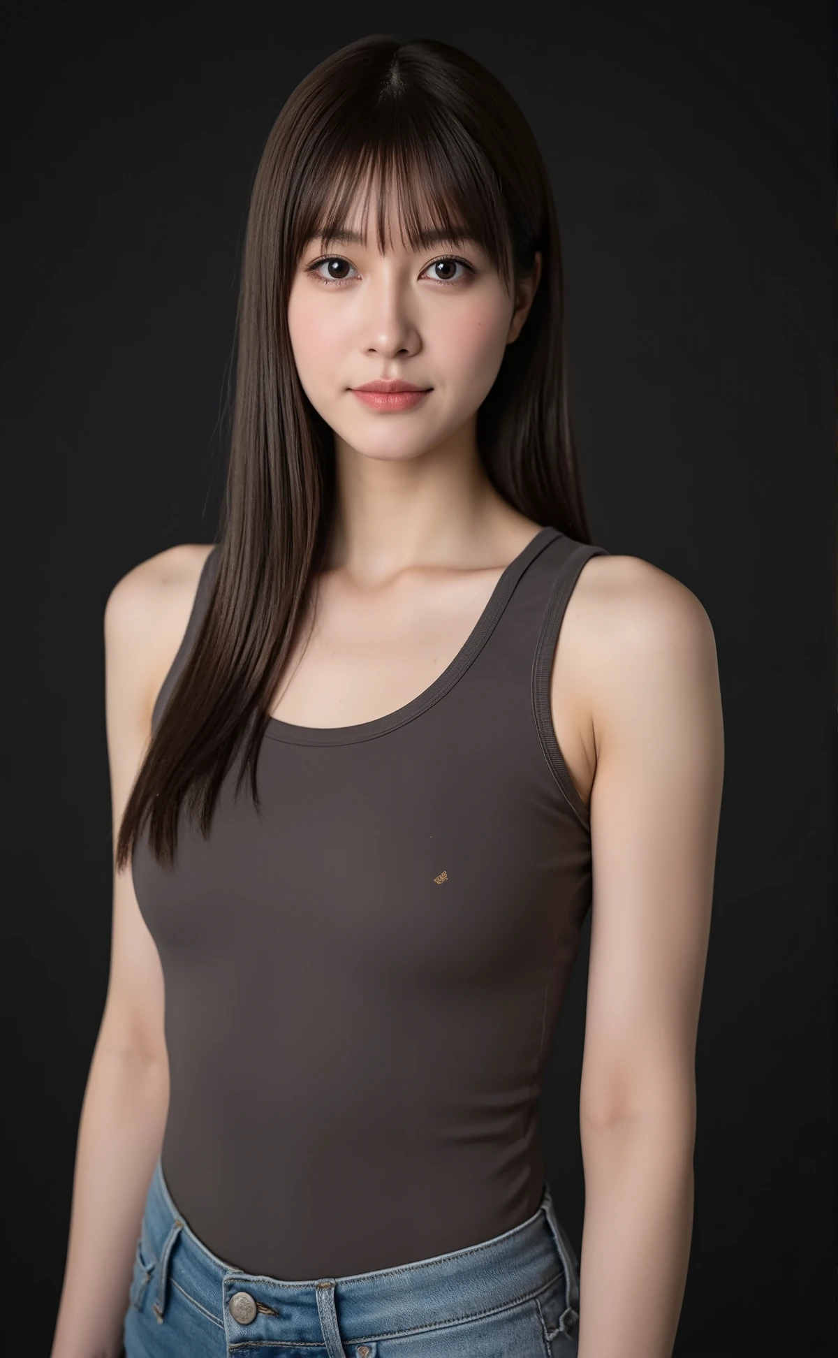 (mature adult woman wearing a leotard1By people),beautiful black hair,super straight hair,With bangs,((Fluttering Hair)), realistic person images in dark waters,Realism,Best Quality,mastepeice,Best Quality,best image quality,highest resolution,fine details,Beautiful detailed face,black eyes,((realistic skin)),detailed background,( Exact Upper Body),(perfect upper body),(((upper body))),((Realismのある肌)),(smiles),(((super big ))),(((((Wear jeans))))),(((((wear a tank top))))),(((standing))),(((((Large breasts)))),((((Wear)))),((((In a dark alley)))),