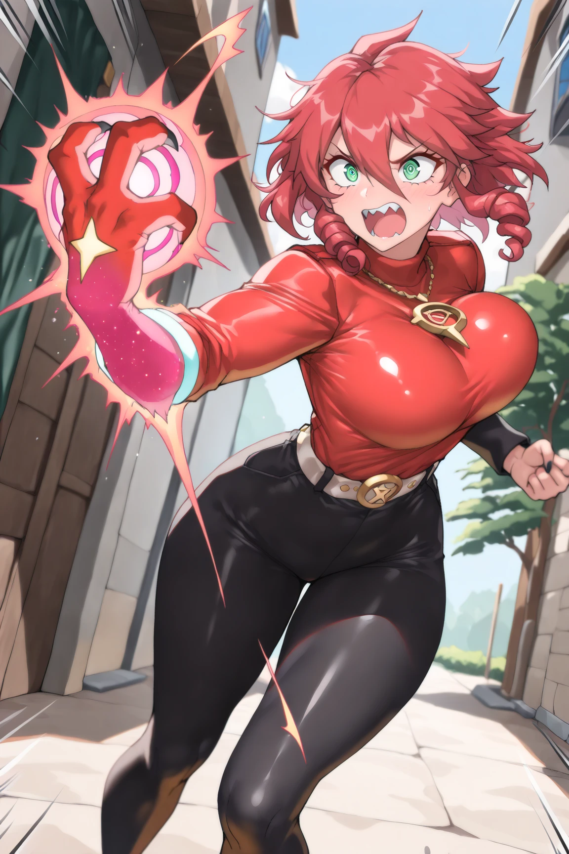 1girl, mecha, city, full body, floating, ass pov, from above, power armor, dynamic pose, white long wavy hair, green eyes with pink tint, in a red latex catsuit, the power of fire comes out of your hands, look at the viewer, tricky glance, grin, winks, fiery flowers grow from strands of hair, pink necklace with diamond, slightly plump physique, wide hips, dark atmosphere
