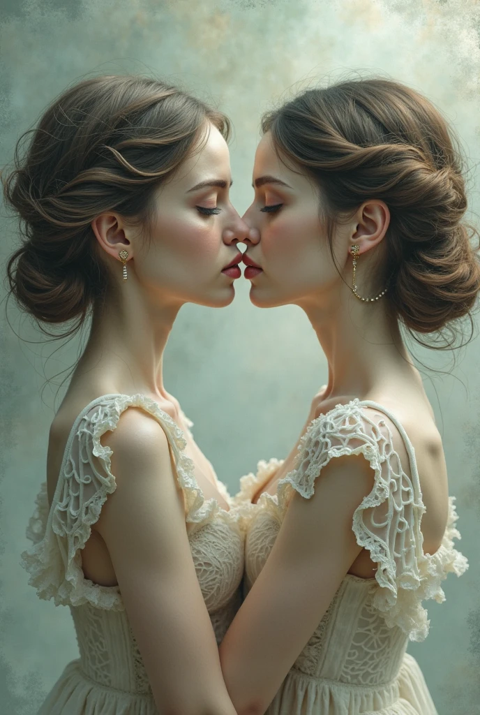 Best image quality, masterpiece level, ultra-high resolution. illustration Art, water color, fantasy theme, facial details, a eastern european woman in 20's, hair bun, playing and kissing. fairy tale theme, upper body, get detailed outdoor lighting and movie lighting, increase detailed overall ambient light, face and eye details, improve the realism of body details, clearly express sharp focus, expressionless, white clothes, burgundy hair, bright eyes, simple background. oil on canvas.
