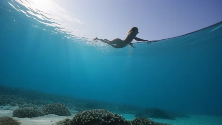 A shadow of a shaped woman body with sharped legs and blowy soft hait swiming in a blurry black water 