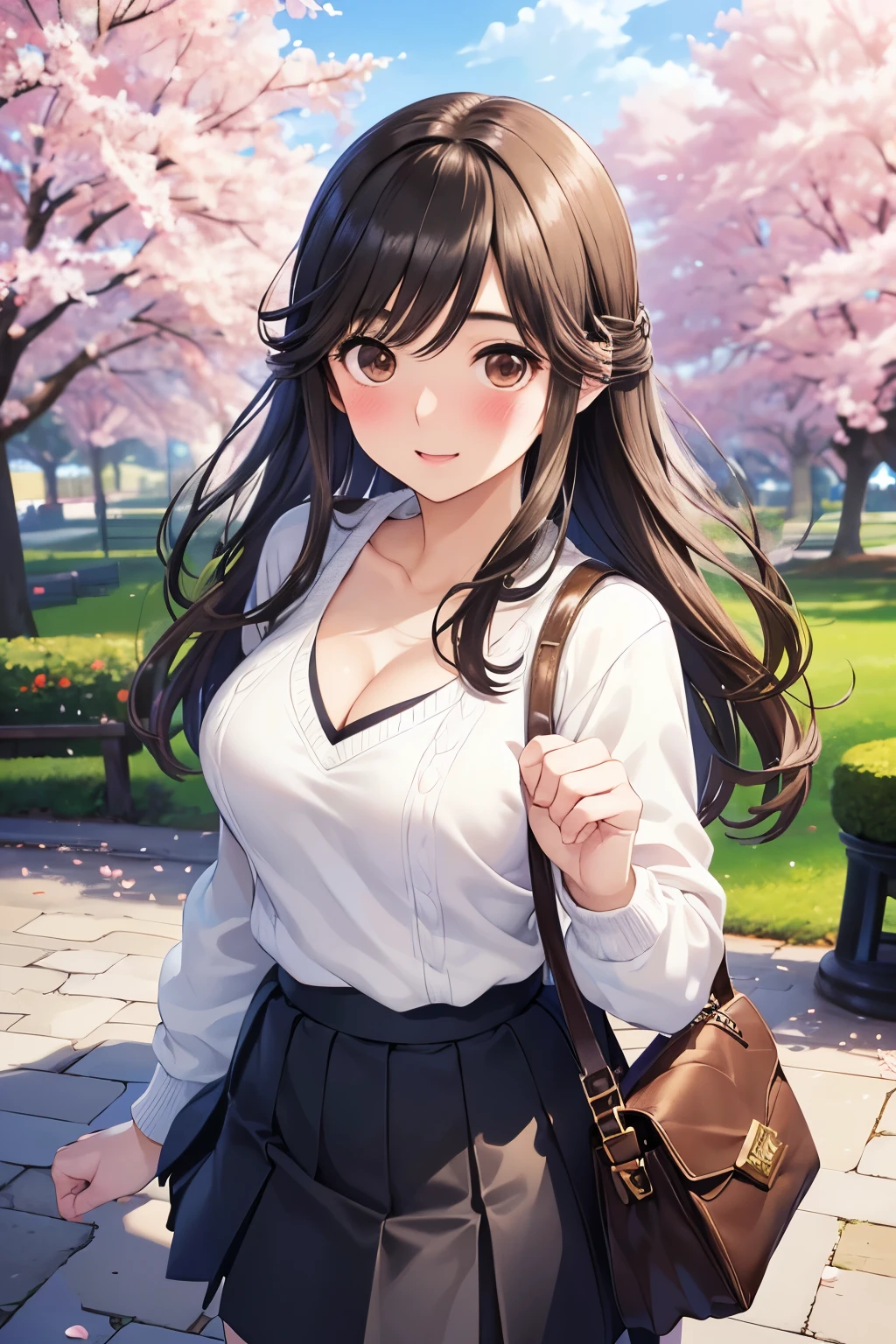 Gaoling loves flowers、Shiny brown hair, Wavy Long Hair、, Beautiful brown eyes、smile、Sparkling eyes, (Fine grain)、Ultra-detailed eyes、非常にDetailed face, Very detailedな目,
masterpiece,Highest quality,High resolution,Very detailed,masterpiece, Highest quality, High resolution, Medium chest、
((masterpiece, Highest quality, High resolution, 超High resolution, Pixel perfect, Depth of written boundary, 4K, RTTX 10.0, High resolution))), One girl, single, alone, Beautiful Anime Girls, Beautiful art style, Anime characters,
((Detailed face, Blushing:1.2)), ((Smooth texture:0.75, Realistic texture:0.65, Realistic:1.1, Anime CG Style)),
Medium chest, Dynamic Angle, Perfect body, Cleavage, ((throw, Dynamic pose, Portraiture)), ((White sweater, Long sleeve, Black Skirt, Checked skirt, fashionable, 1 handbag)), smile, Open your mouth, amusement park, ((Cherry tree, Cherry blossoms fall))