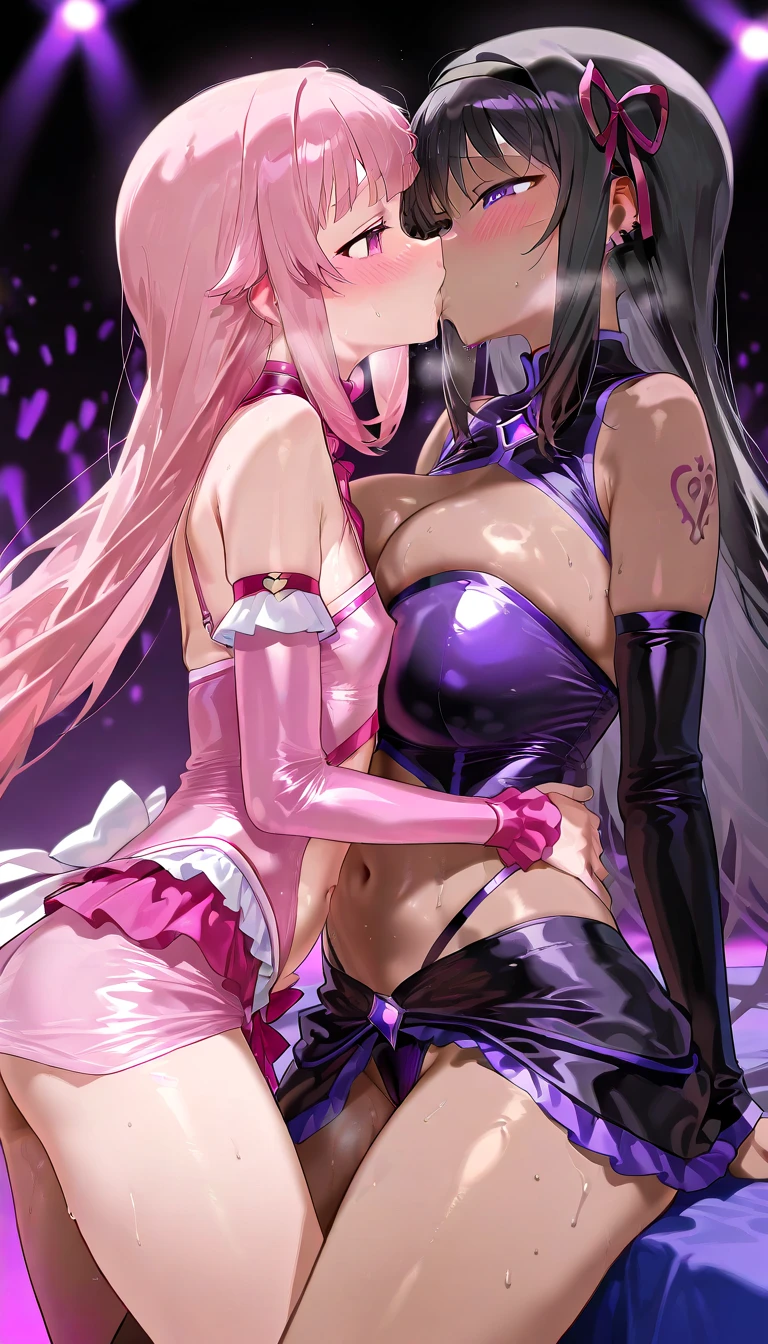 Long hair, Beauty, full body fishnet tights, Big, close to skin, Blonde, two beauties kissing, washes, forcibly kissed, ato face, deep kisses, tongue insertion, Eyes are hearts, lesbian, Pink and blue, bikumbikun, French kiss, playing with tongue, White