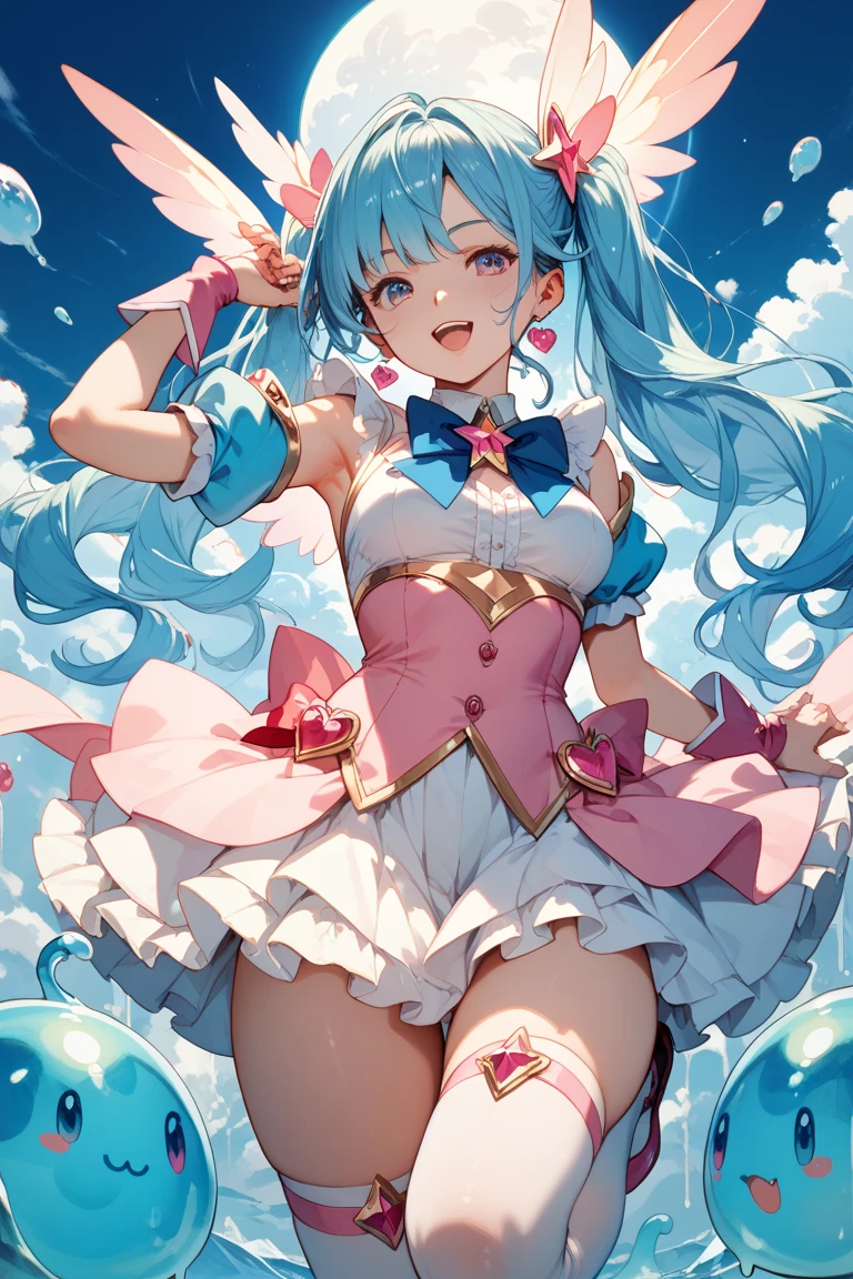high quality,best quality,masterpiece,4k,8k,(((bunny girl costume girl))),high leg costume,costume with collar,eighteen years old girl,great figure,large breasts,blight pink bowtie,standing,leaning forward,looking at viewer,light blue hair,pale pink inner hair color,twin tail hairstyle,white bunny ear headband,((fishnet stockings)),blush