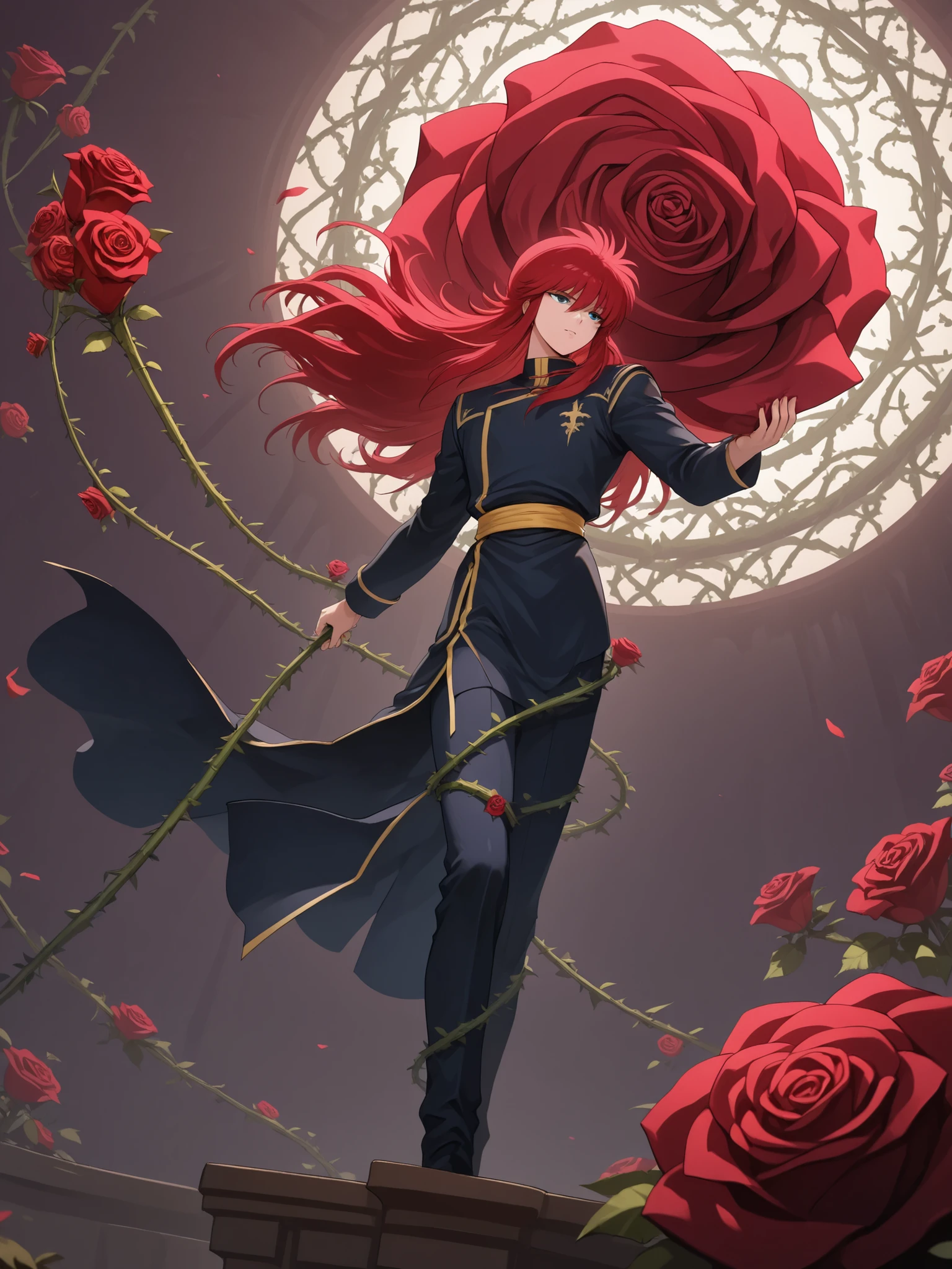 ((Best Quality)),( super high definition),(Super detailed),( detailed description ),((The best CG)),(masterpiece),(Thema:Rose Angel:1.1),( krm_yyh, red hair,holding a rose,ivy wrapped around body),(background is floating a big rose:1.5)