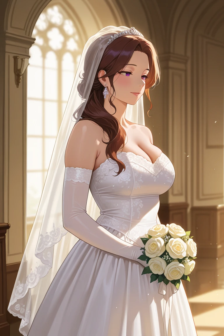 Pose: 1girl, masterpiece, highres, sonicedges_rias_gremory standing with one hand on her hip, the other arm hanging loosely or playing with her hair.
Expression: Soft, confident smile with eyes looking into the camera.
Attire: Elegant ((wedding dress, bridal veil, wedding, bouquet))that complements the glamorous setting.
Hair: Styled to cascade over one shoulder, with light waves.
Makeup: Subtle yet elegant, with emphasis on the eyes and lips.
Background: A softly blurred wedding church.
Lighting: Warm, soft lighting that highlights the woman's features and adds a glow to her skin.
Accessories: Minimal, such as a pair of delicate earrings or a simple necklace.
Mood: Elegant, confident, and slightly mysterious.