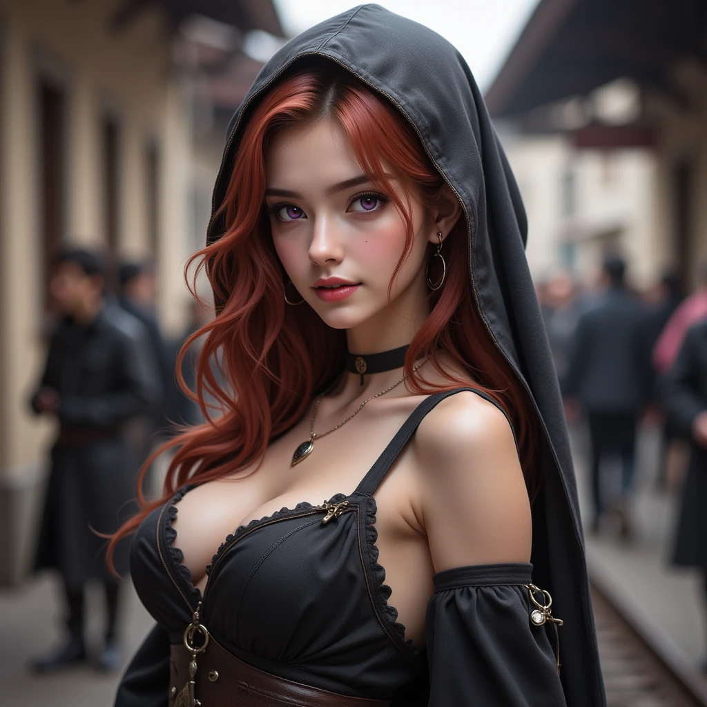 (((full medium shot))), (Masterpiece, photorealistic, photorealism, best quality, ultra-detailed:1.3), (nice hands, perfect hands), official art, cinematic light, (1girl:1.3), adult, solo, long hair, breasts, looking at viewer, blue eyes, black hair, gloves, hat, dress, cleavage, jewelry, medium breasts, collarbone, earrings, parted lips, elbow gloves, lips, hand on hip, makeup, witch hat, colored skin, red dress, lipstick, red headwear, one eye covered, center opening, red lips