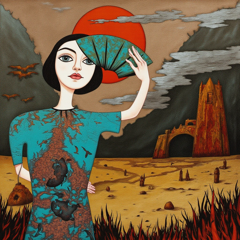  Klee, Kadinsky, Georgia O’Keefe, Catrin Welz-Stein,  mix style. Smudges of ink and water mixed with messy oil brushstrokes draw a whimsical patchwork collage-style dreamlike scene by hand on rusted iron sheets and rags. An orange sun rises behind the stylized figure of a woman.  She wears a dress with intricate patterns of stylized dolphins. She has large, clear, gentle eyes and holds a rusty turquoise fan that covers part of her face. She stands under a sky of wood-textured clouds with jostled paint, a deep beach, tuff arches, ochre and red grass, and marsh reeds. charcoal drawing refined abstract expressionism grain, dots, scratches charred boards covered with soot double exposure scruffy red orange turquoise

