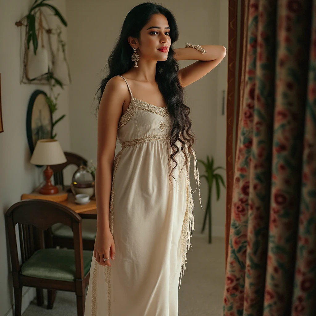 Indian Girl with White Salwar kameez deep neck, Red Lipstick, Curly hair, long Ear ring, standing White window frame with sea view
