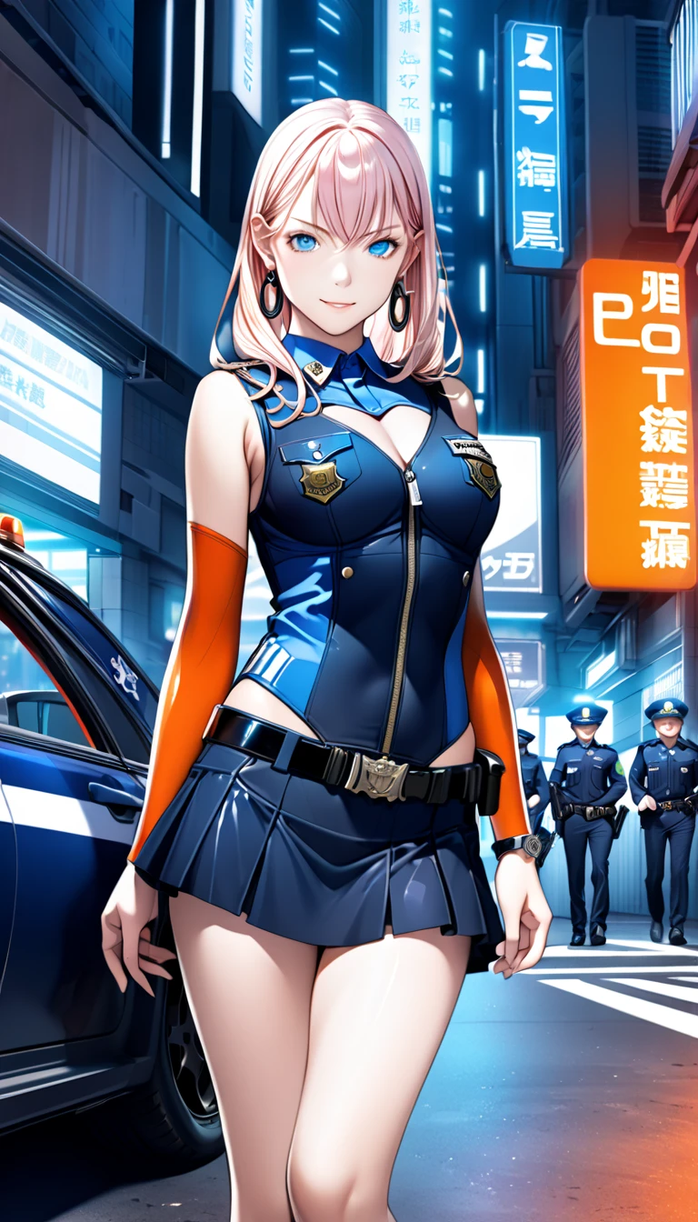 (masterpiece), (best quality), (high res),1girl, tall body, purple hair, medium hair, green eyes, beautiful detailed eyes, beautiful detailed face, cute face, perfect hands, complete fingers, perfect anatomy, perfect proportions, ((hat, dark blue police hat)), ((leotard, matching leotard, bare legs)), ((boots, matching boots)), breasts, medium breasts, fingerless gloves, (full body portrait), looking at viewer, solo, solo focus, standing, police uniform, cowboy shot, tokyo street station backdrop, indoors, (belt, tight belt), (armbands, white sleeves), full body costume design.