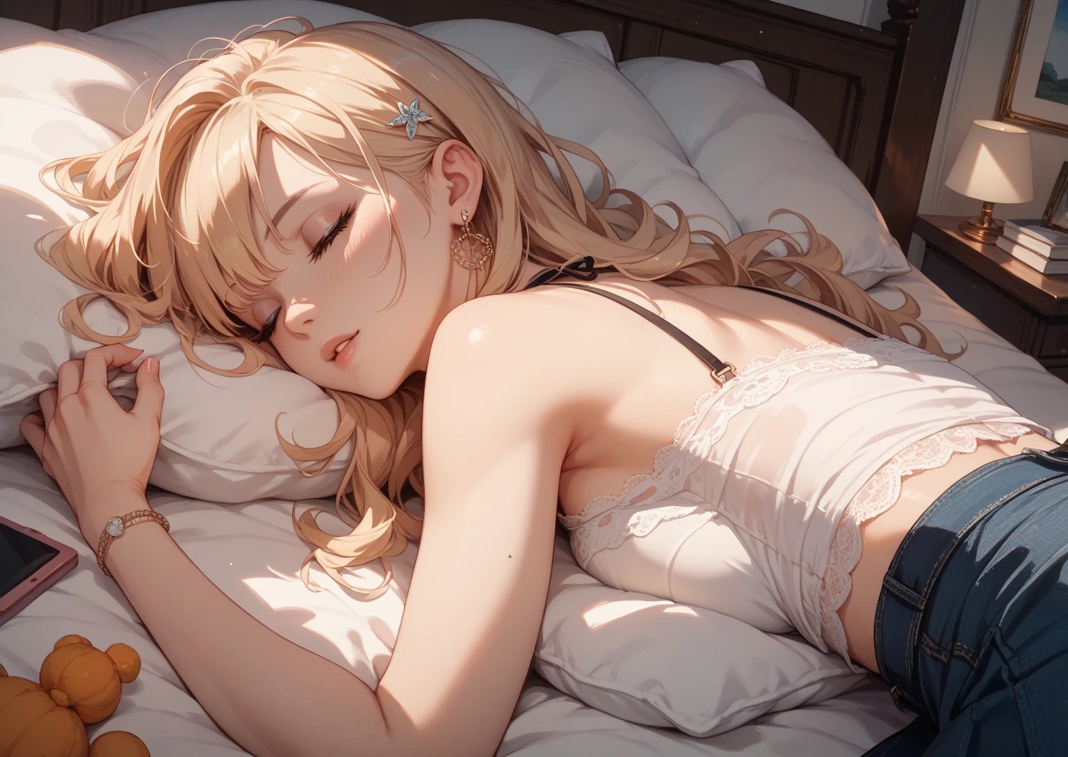 Create a high-quality, detailed image of a beautiful anime girl asleep on her bed. She is wearing a short tank top and panties, highlighting her relaxed and peaceful state. She has long blonde hair that cascades over her pillow and bed. The setting is a nerdy room filled with various geeky and gaming paraphernalia, including posters, action figures, and gaming consoles.
The room is softly lit by the glow of a TV in the background, which is turned on, casting a gentle, ambient light. Outside the window, it is clearly night time, with a dark sky and faint moonlight filtering in. The overall scene should exude a serene, cozy atmosphere, capturing the quiet, intimate moment of the girl asleep in her nerdy sanctuary.