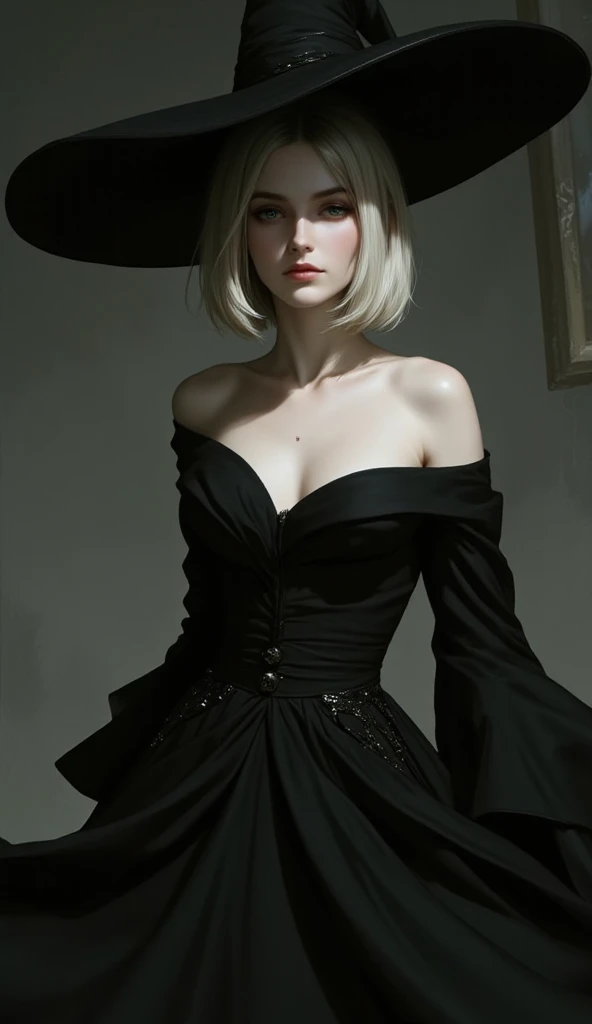 Top image quality、​masterpiece、Thick oil painting、Impasto、Impresionismo、Aerial perspective、thirds rule、Beautiful Scandinavia１girl with、slightly smaller eyes、Pretty small face、Light makeup、Platinum blonde short hair、middlebreasts、big butts、slightly thicker legs、Black Gloves、Long Sleeve Gothic Dress、long  skirt、The dimly lit basement of the old castle、lanthanum、blue moonlight