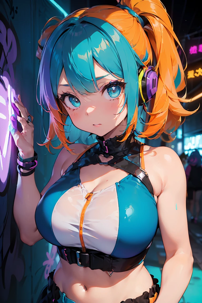 Beautiful android teen, AI teen, solo, adorable cute , mesmerising, expressive face, vr girl, ((green blue golden gradient detailed hair)), cyberpunk futuristic style, ((bright glassy brown eyes)), smoky eyes, pearly illuminated realistic skin, curvy body, medium cleavage, wet glossy reddish full lips, close up, medium shot, half body shot, HDR, Ultra High Definition, highest quality, absurdres, masterpiece, digital world, (black background), glittery, glowing light particles, focus on face, cybernetic head accessories, wireless futuristic head set, microphone,  high detail texture, contrast, wavy vibrant green blue orange colours hair, glowing, bare chest, bare shoulder, deep cleavage, light particle dust, colorful glowing orbs, rimlights, back retro-illuminated, alluring laugh, modern digital metal chocker, full boob, center frame, ((digital identity barcode tattooed on left boob)), juvenile, youthful, young, adorable, cutie, ((10yo)), enchanting laugh, ((totally naked))