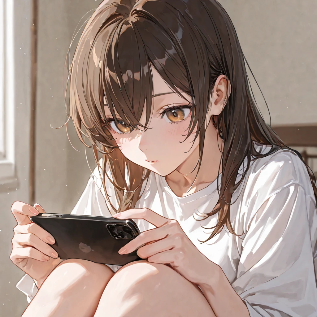 score_9, score_8_up, score_7_up,  <lora:r4g4w4:1> r4g4w4,1girl,solo,, short hair,brown hair, gym outfit,shorts, <lora:Ass_up_Selfie_Pose_r1:0.8> Asselfie, lying, cellphone, crossed ankles