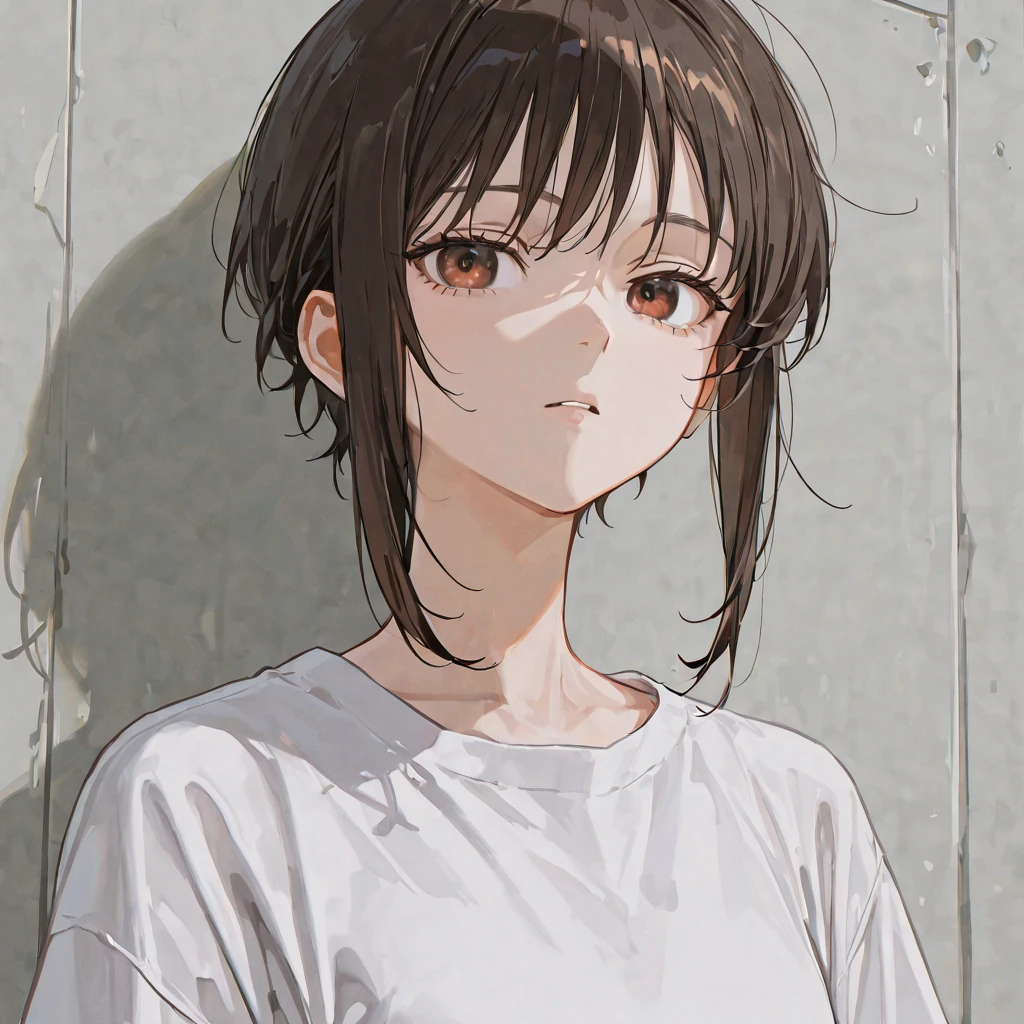 (Highest quality,4K,8K,High resolution,masterpiece:1.2), Super detailed, (Realistic,photoRealistic,photo-Realistic:1.37), Wearing a greyish earth-toned shirt、A girl in cool tones holding a cigarette between her right index and middle fingers, Cool brown eyes, Annoyed expression, Wearing a greyish earth-toned shirtいる, holding a cigarette between index and middle fingers, Cool brown eyes, Annoyed expression、In a completely different expression