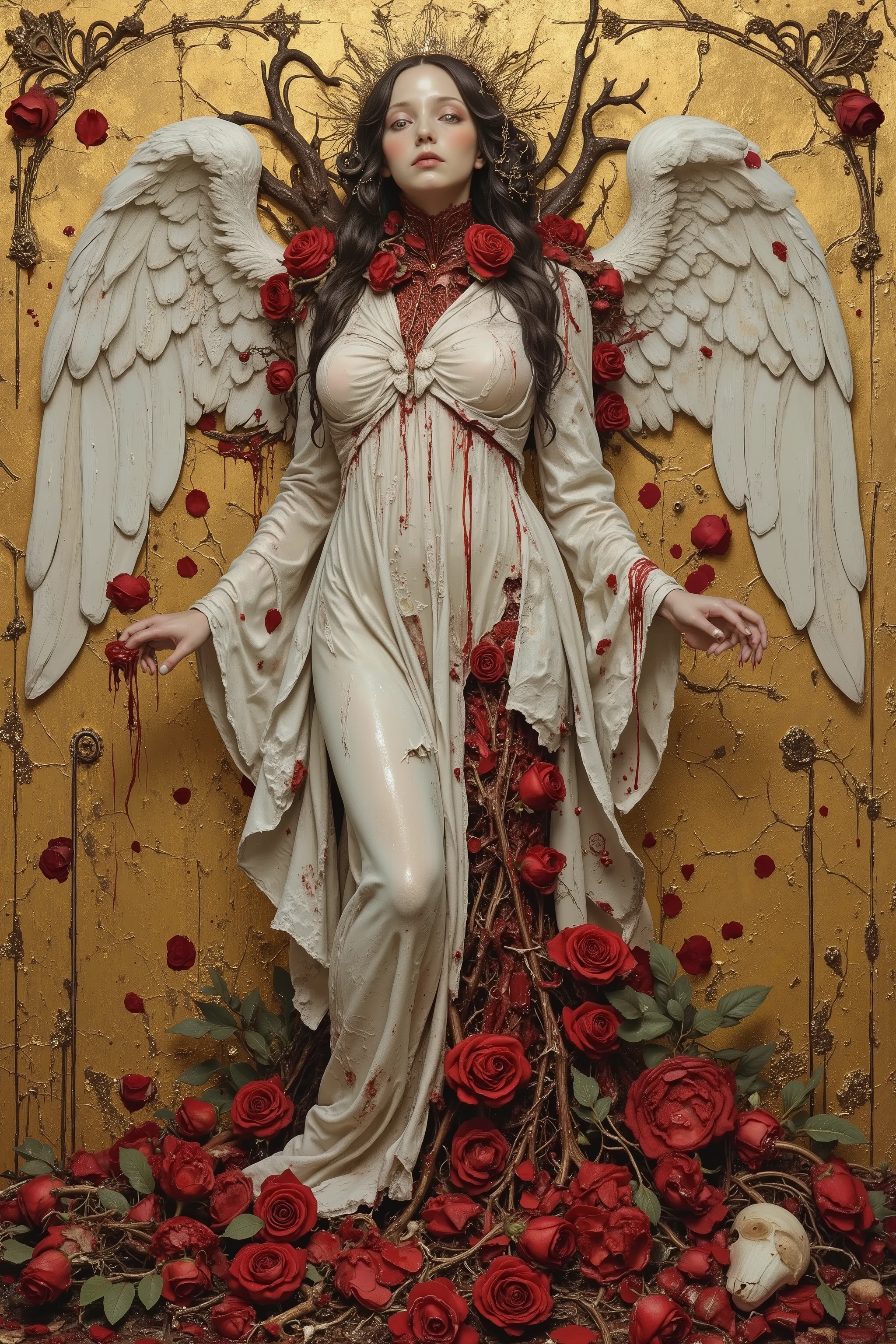 ((beautiful angel Spread wings)),like sculpture skin,melancholy,(fashion portrait,famous pose,dynamic pose),((wearing pure white robe and crown of thorns:1.3)),heavy crack and damaged Sculpture skin,show inside anatomical bloody gore body,spread arms,(blood puddle,blood splatter),Roses wrapped around the wings,((blood like a lot beautiful vivid red rose petal:1.2)),(Shattered blooms rose,rose petal blizzard,tangled:1.2),(cracked gold background),gorgeous,Granulated,plants,blood vessels,flesh,decay,ritual,blasphemy,Nipples and Genitals are hidden,Gustav Klimt style,Kris Kuksi style,baroque art style,dynamic angle,dramatic,cinematic lighting,realistic image,beautiful detailed,High Definition,high detail,realistic,high detail,soft forcus, OANATO,made of blood and gore,nisa